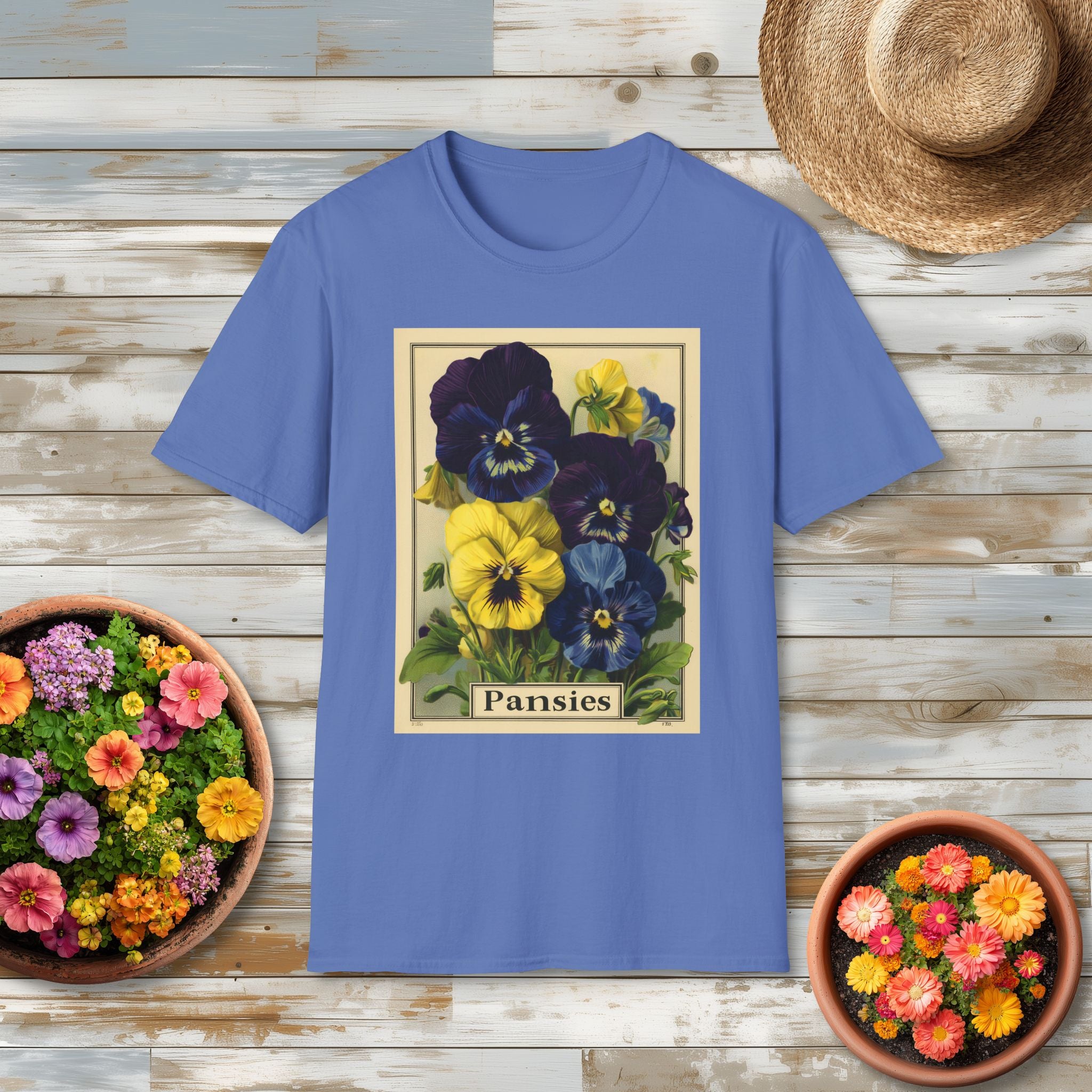 Vintage Pansies Seed Packet Unisex T-Shirt for Gardeners, Nature Lovers, Summer Casual Wear
