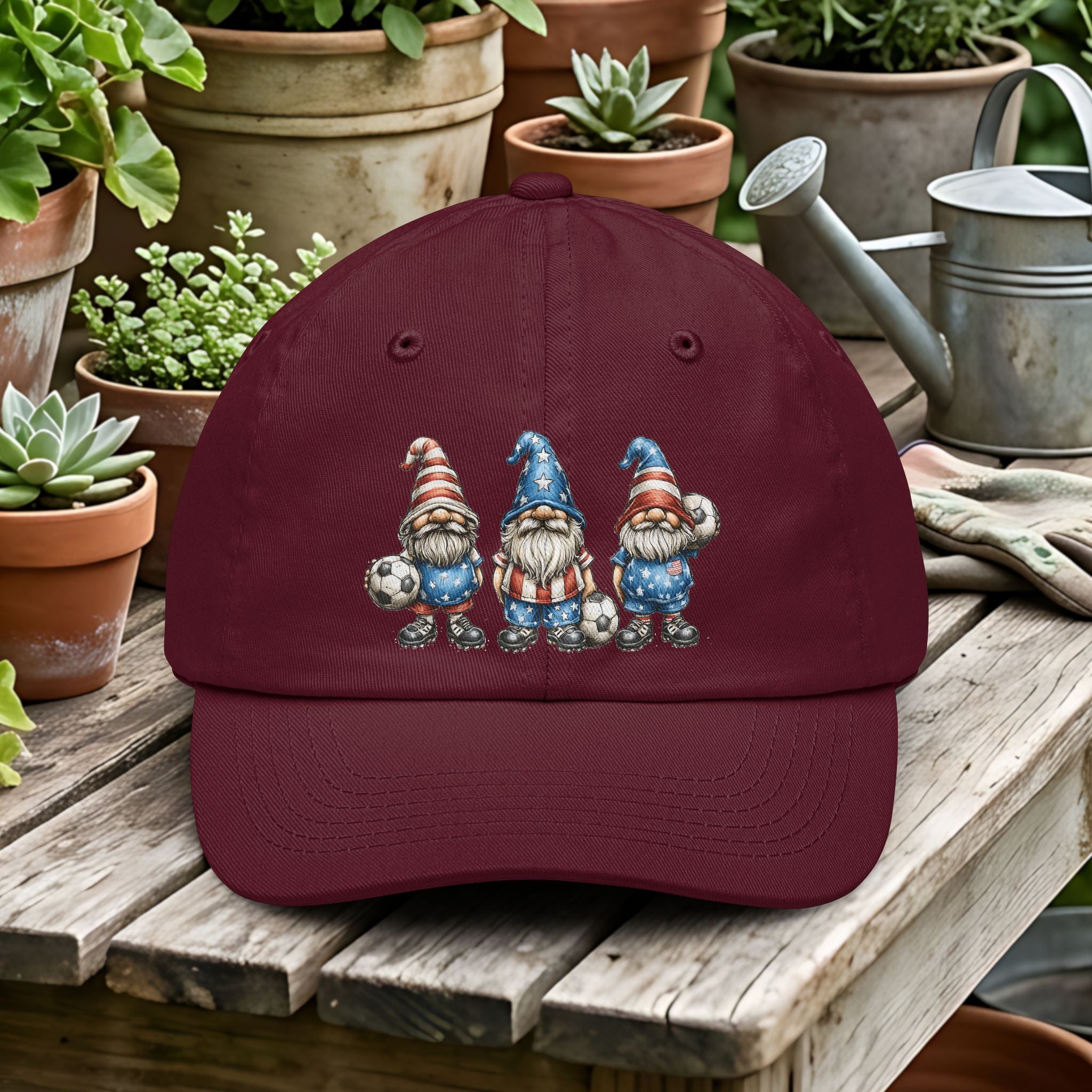 Patriotic Soccer Gnomes Dad Hat – USA Soccer Fan Garden Gnome Cap