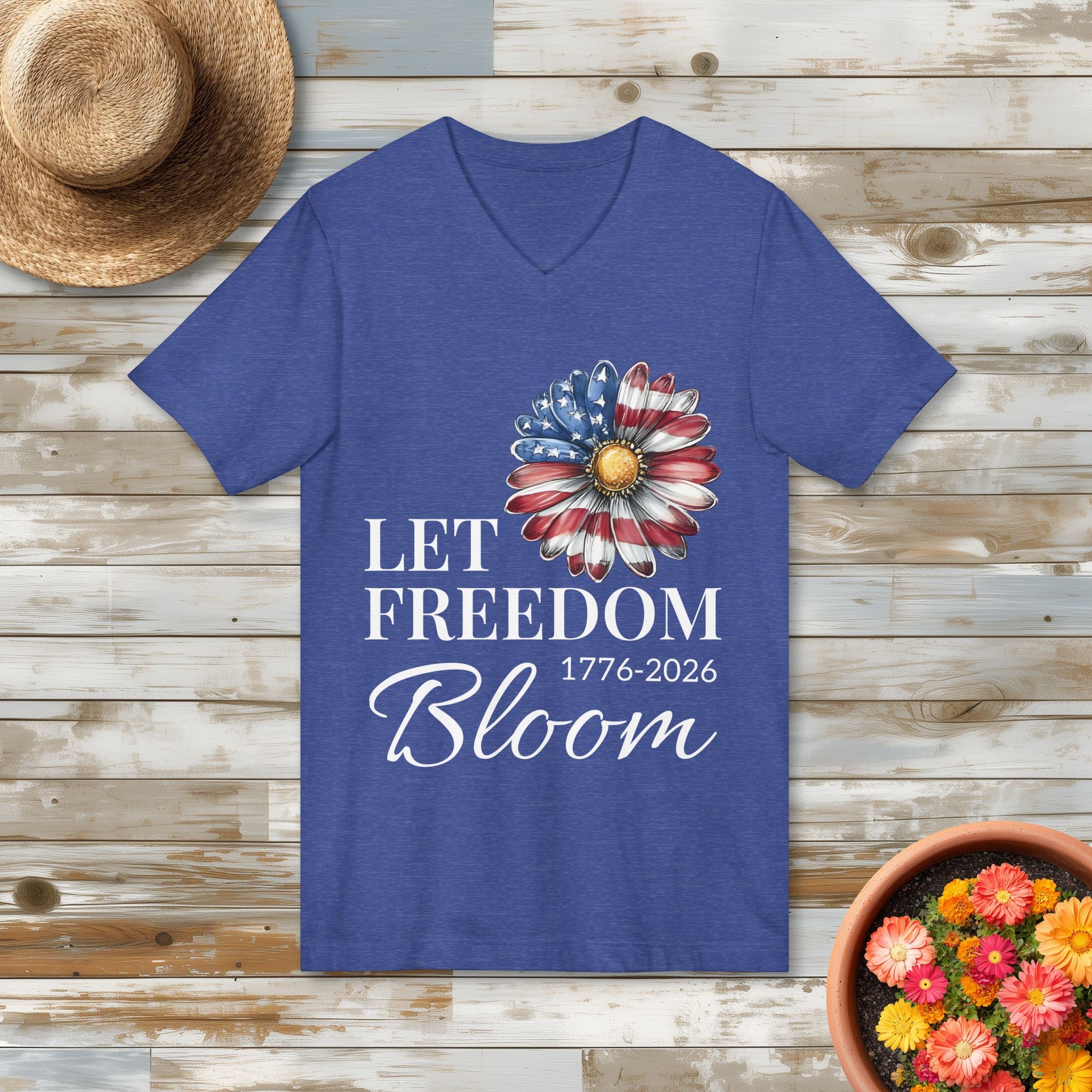 Let Freedom Bloom American Flag Daisy V-Neck T-Shirt
