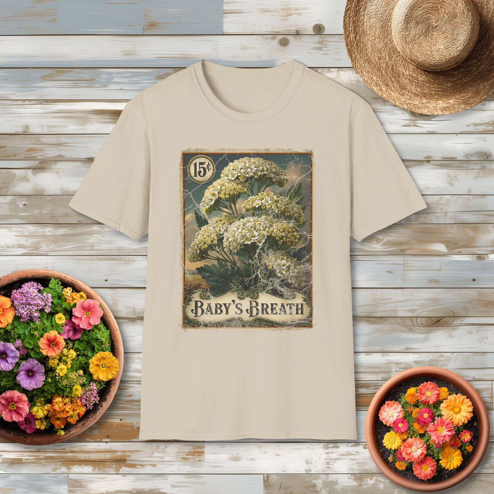 Baby's Breath Seed Packet Vintage Floral T-Shirt for Gardeners