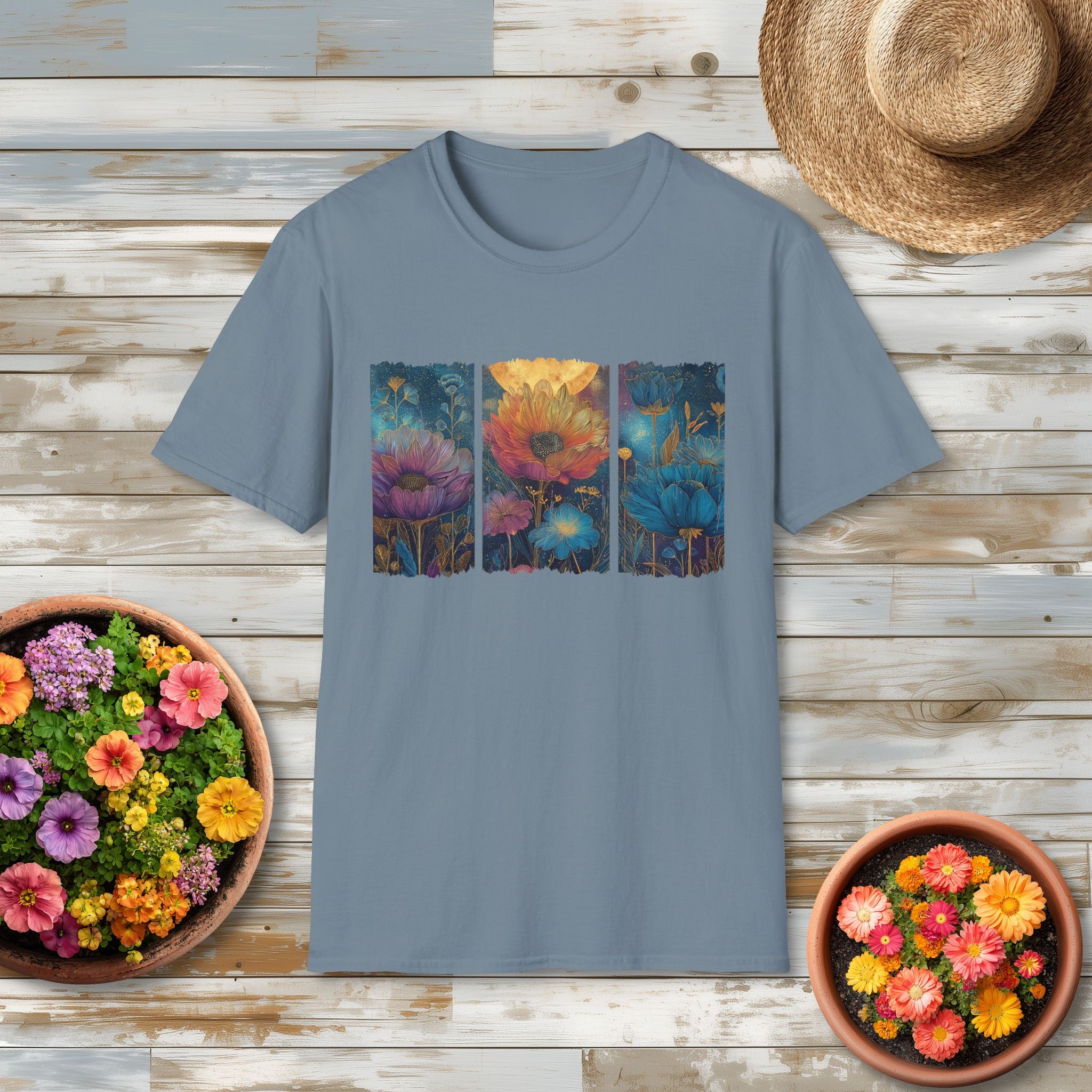 Floral  Brushstroke Triptych Unisex T-Shirt for Gardeners, Nature Lovers, Yoga Enthusiasts