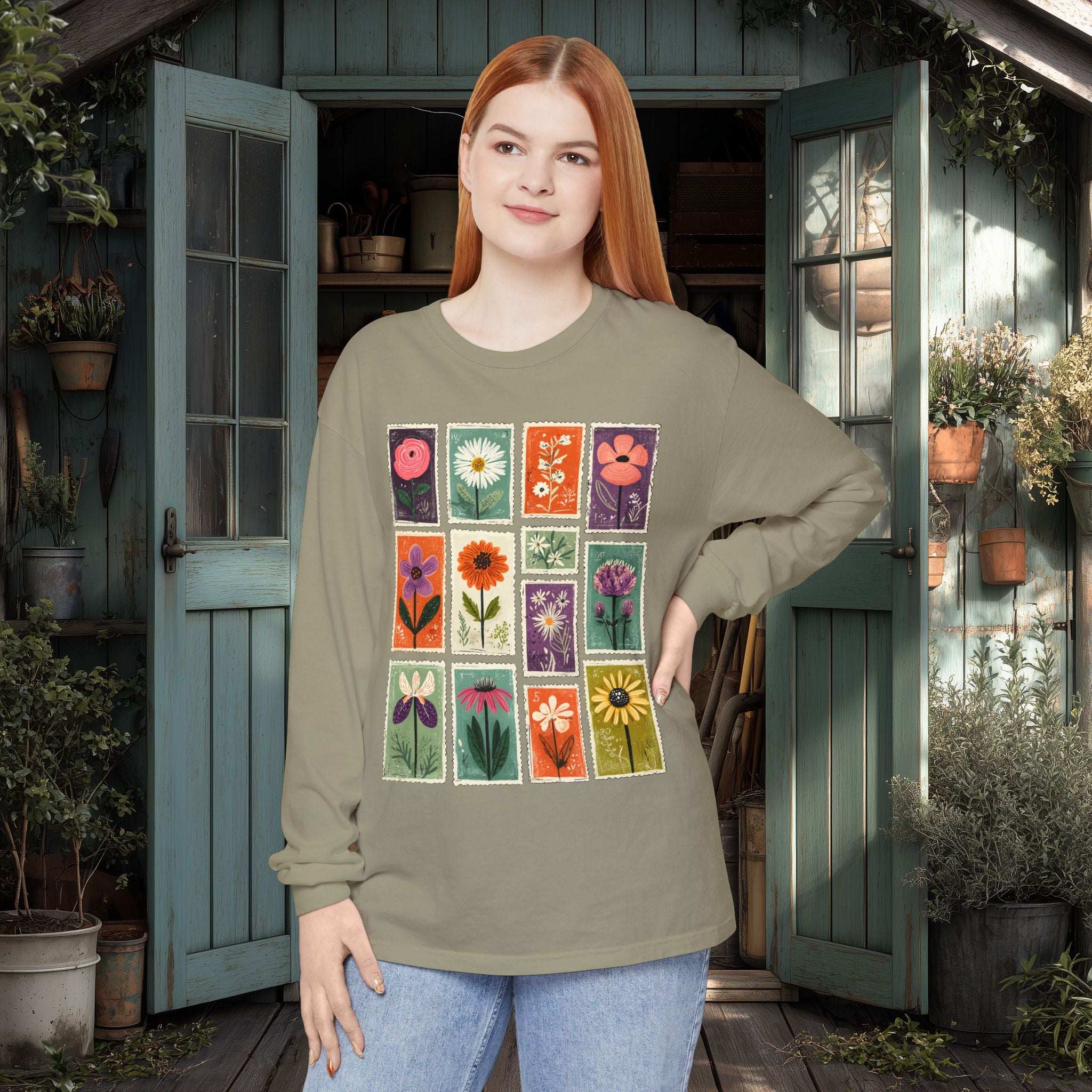 Floral Stamp Collage Long Sleeve Tee