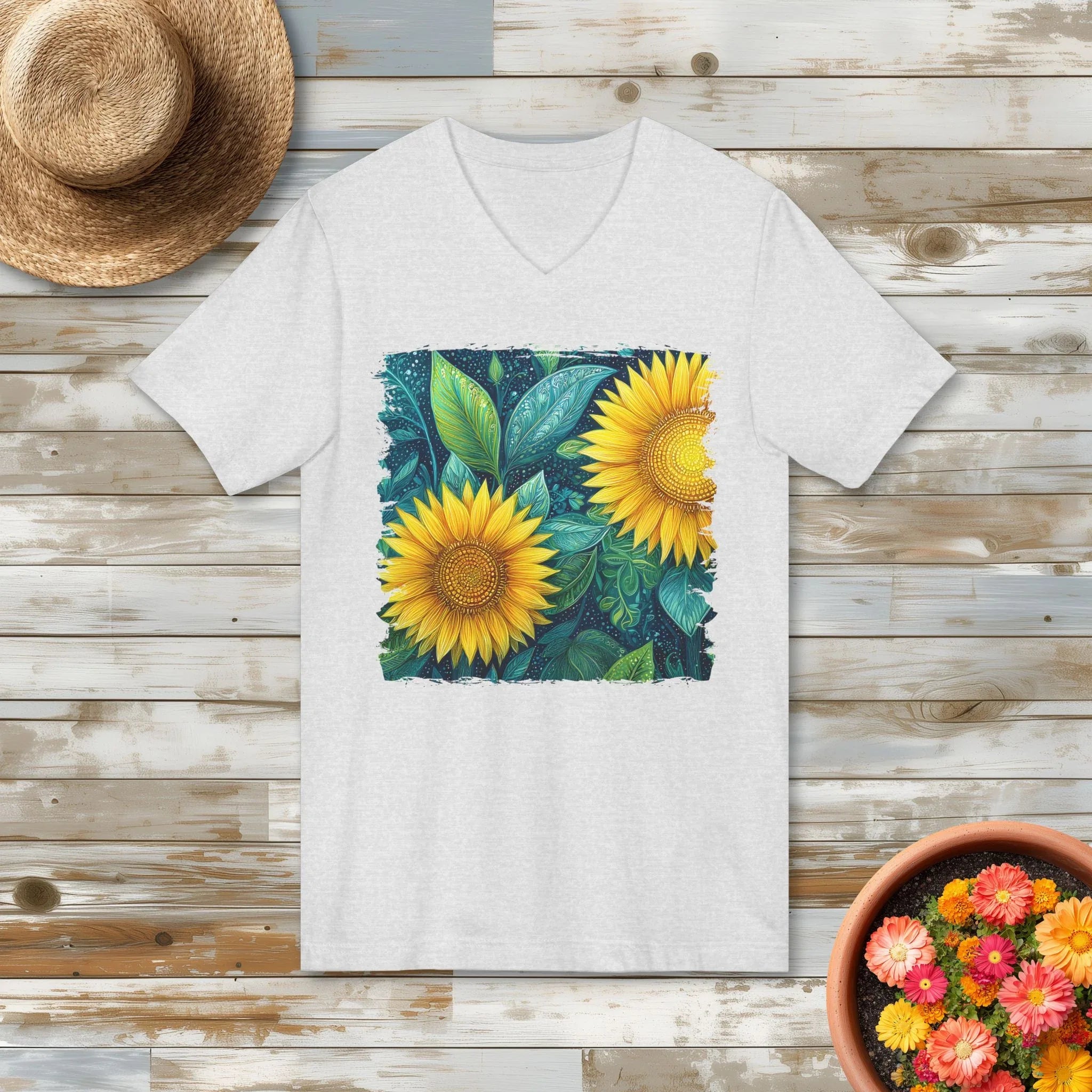 Whimsical Sunflowers V-Neck T-Shirt