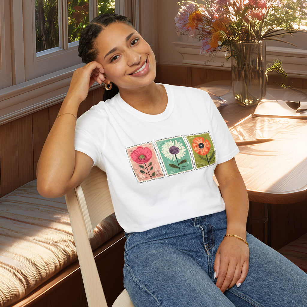 Charming Floral Stamp Trio T-Shirt for Gardeners