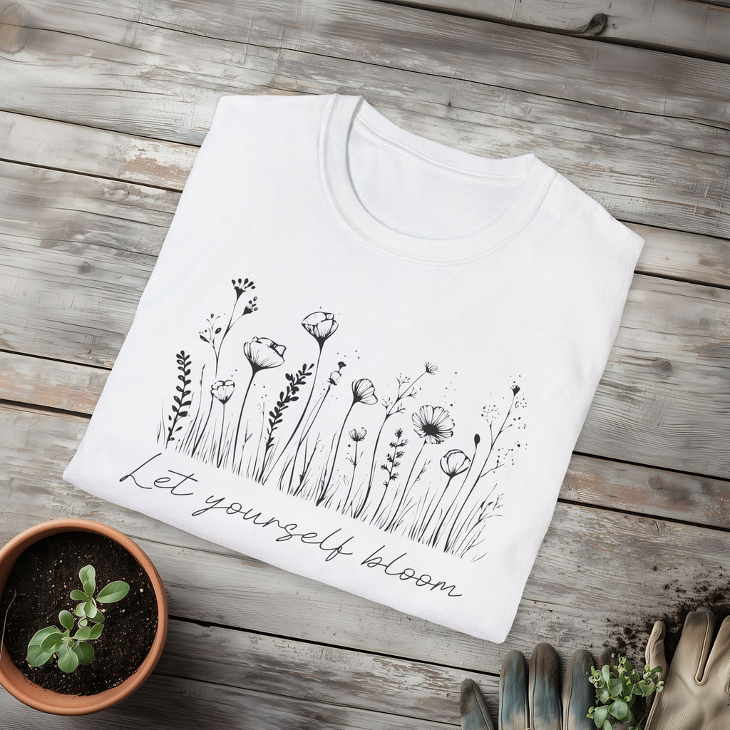 Let Yourself Bloom Motivational Wildflower Line Art T-Shirt