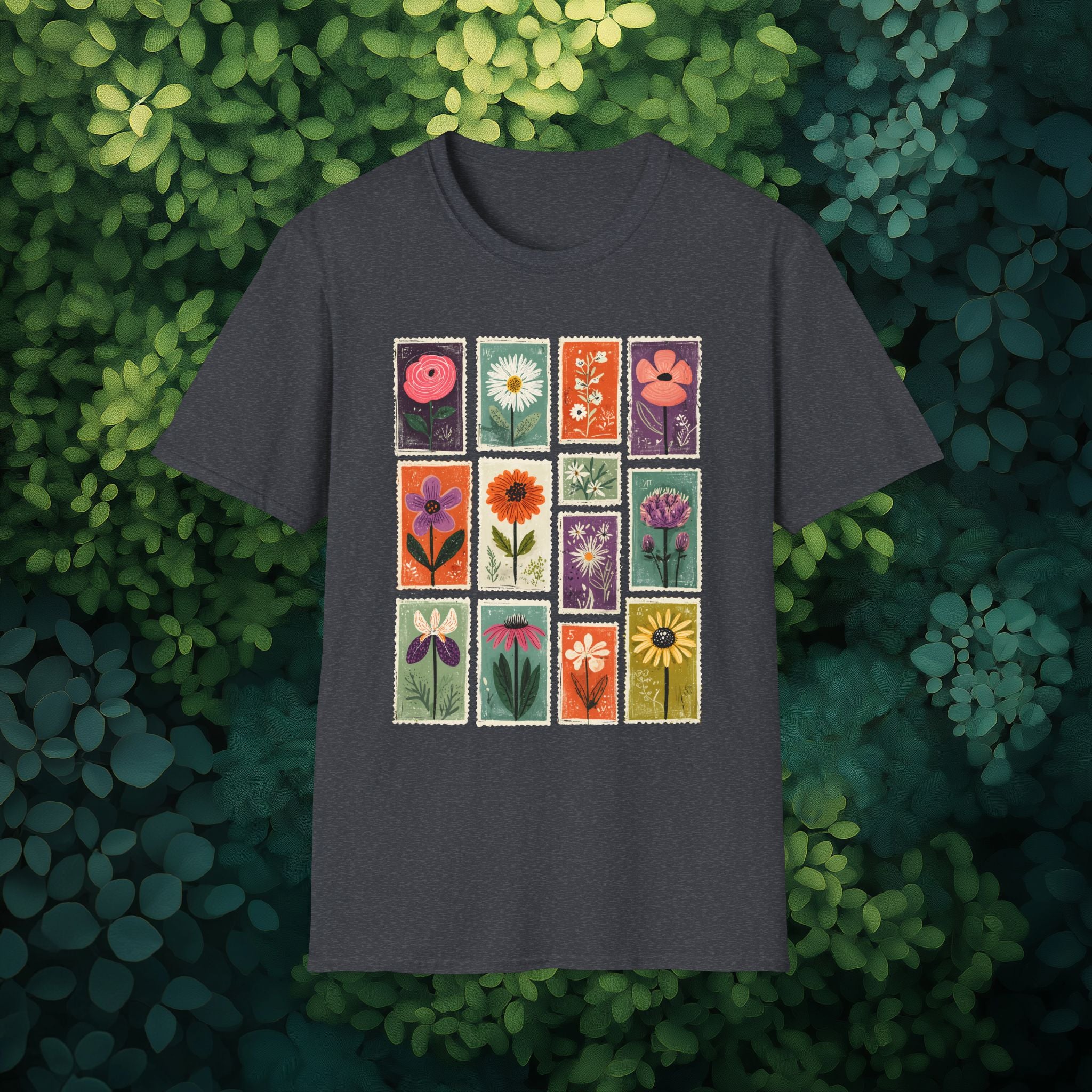 Charming Flower Stamp Collage T-Shirt for Gardeners