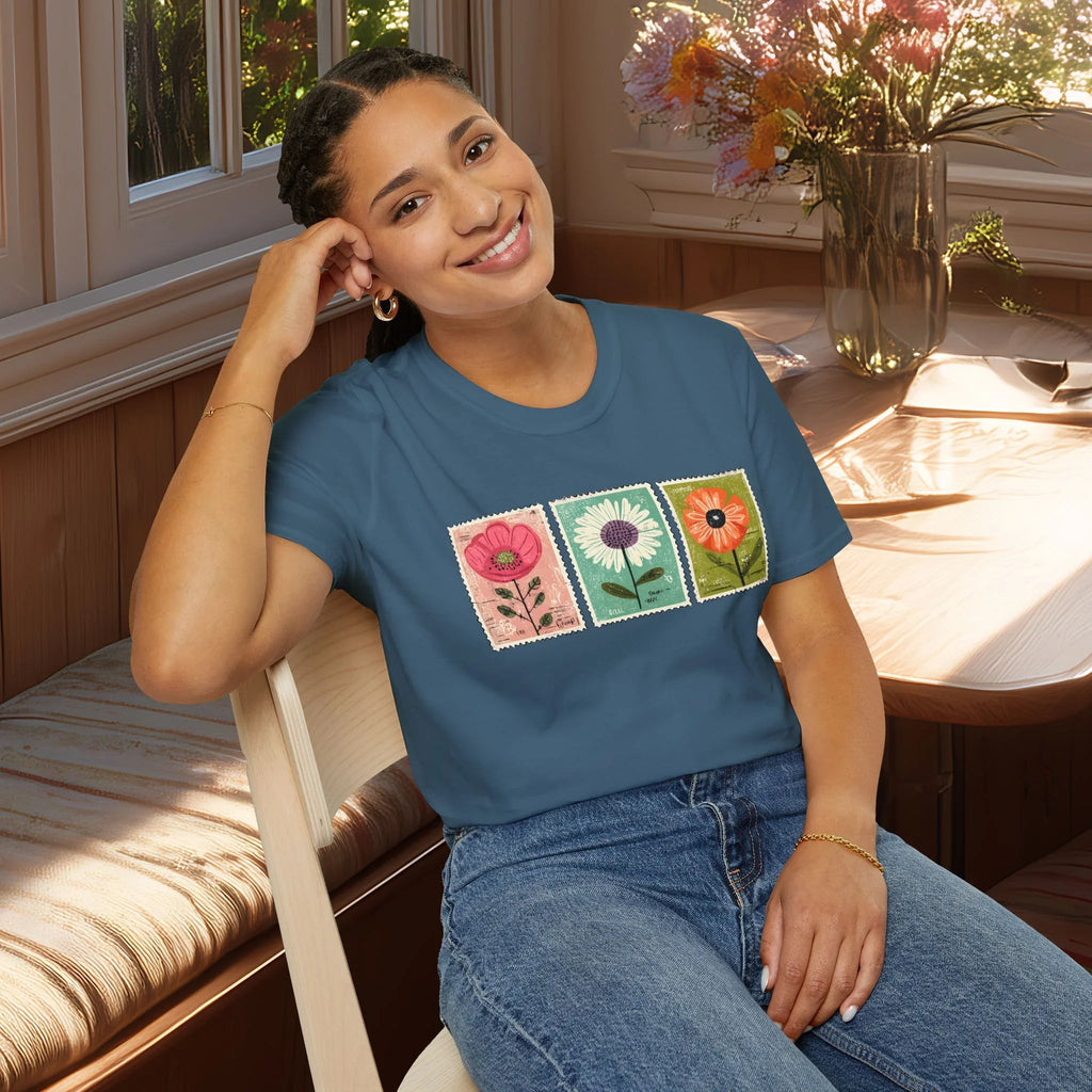 Charming Floral Stamp Trio T-Shirt for Gardeners