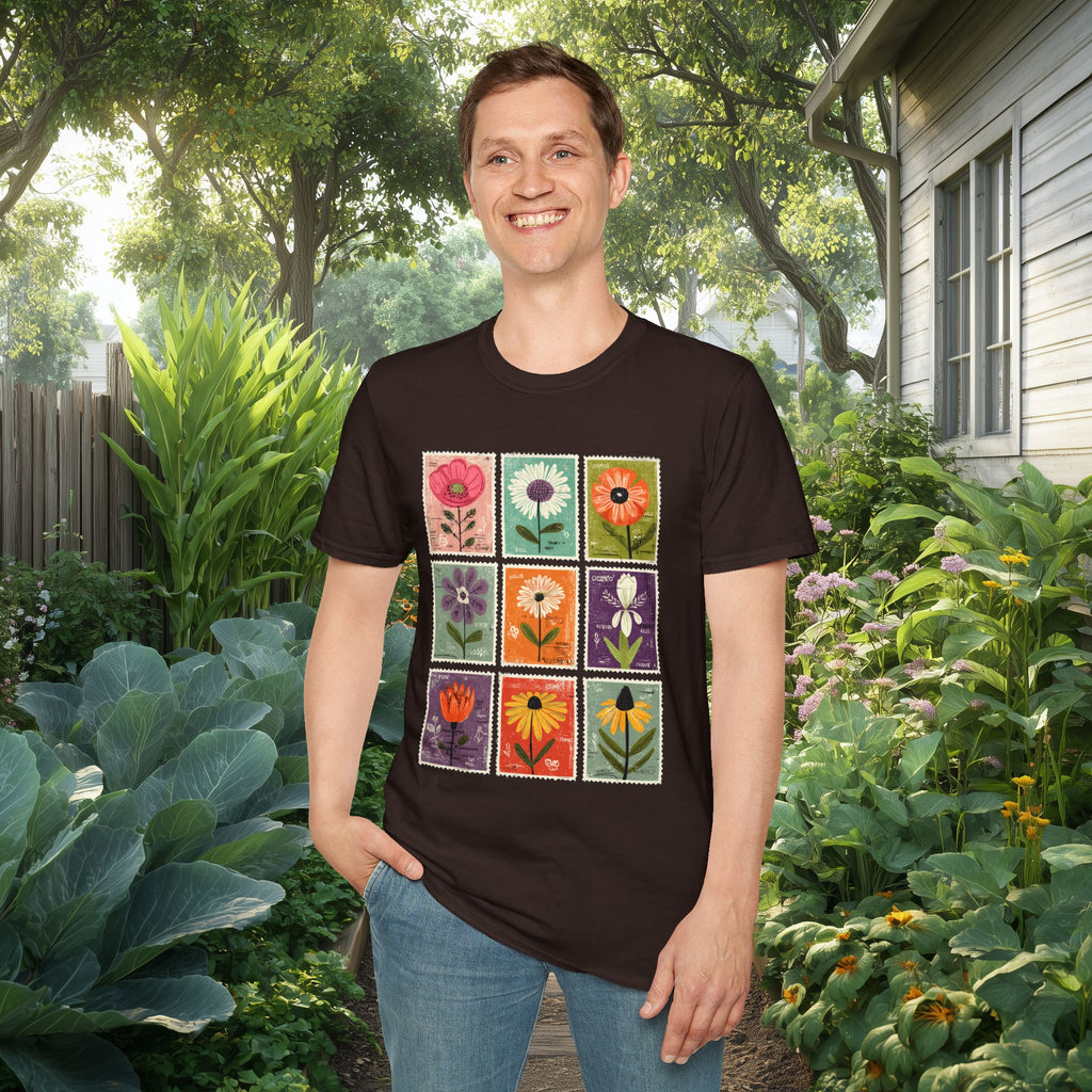 Whimsical Flower Stamp Collage T-Shirt for Gardeners