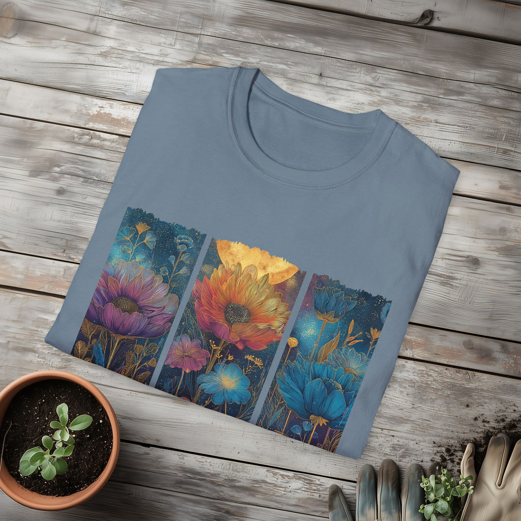 Floral  Brushstroke Triptych Unisex T-Shirt for Gardeners, Nature Lovers, Yoga Enthusiasts