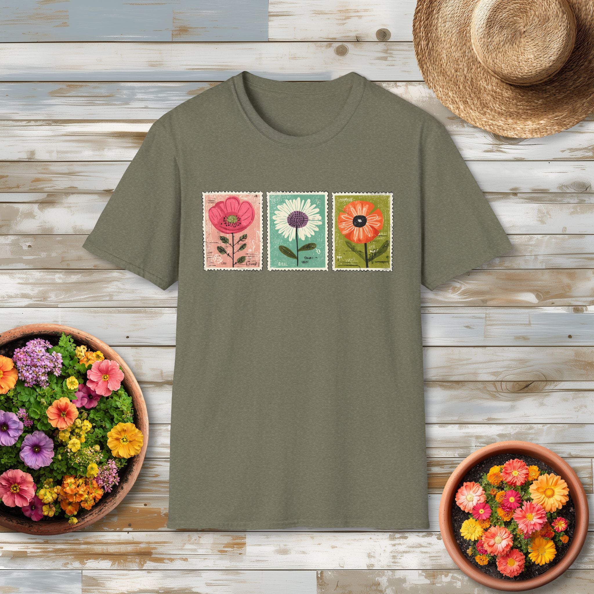 Charming Floral Stamp Trio T-Shirt for Gardeners