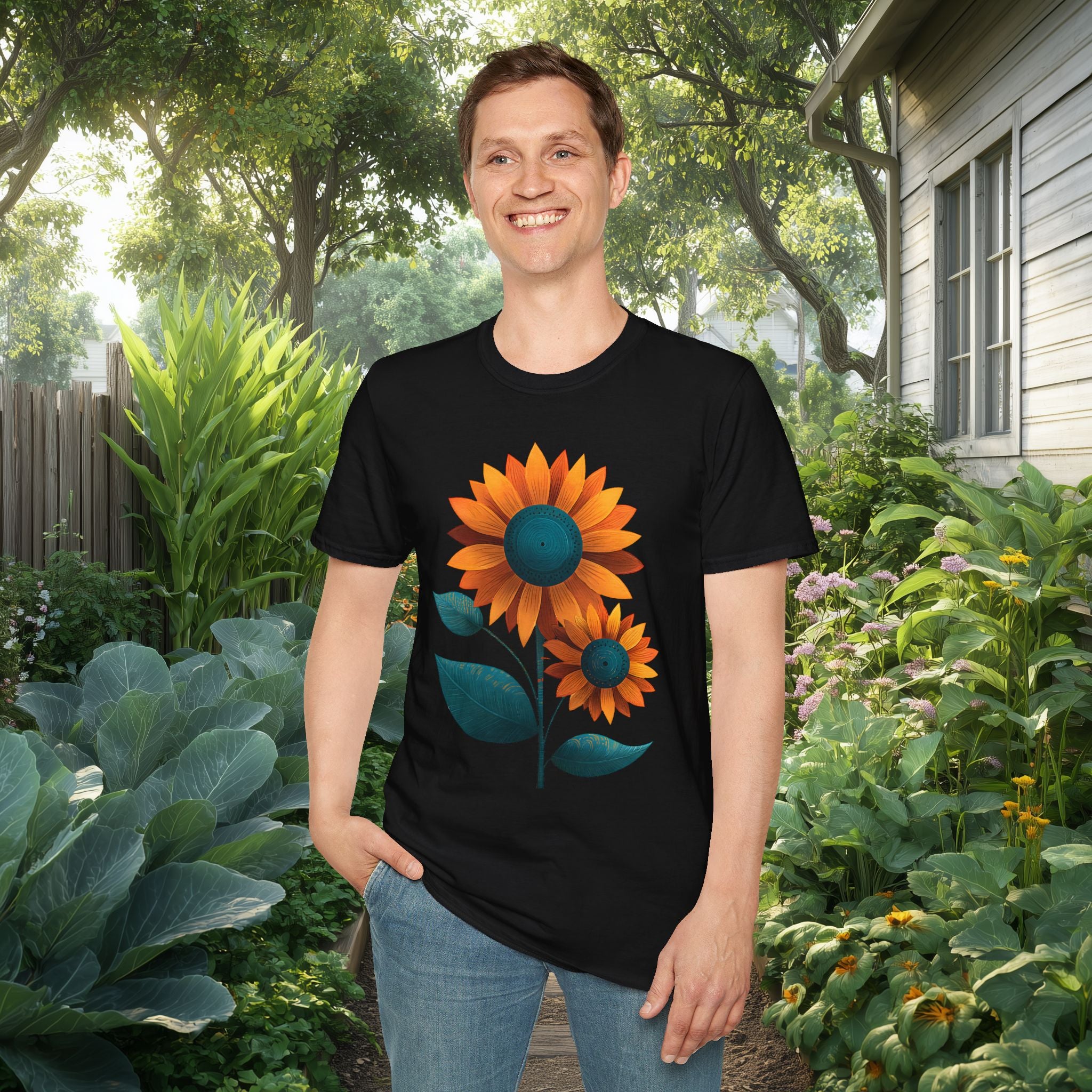 Minimalist Sunflower Duo T-Shirt – Modern Garden Style