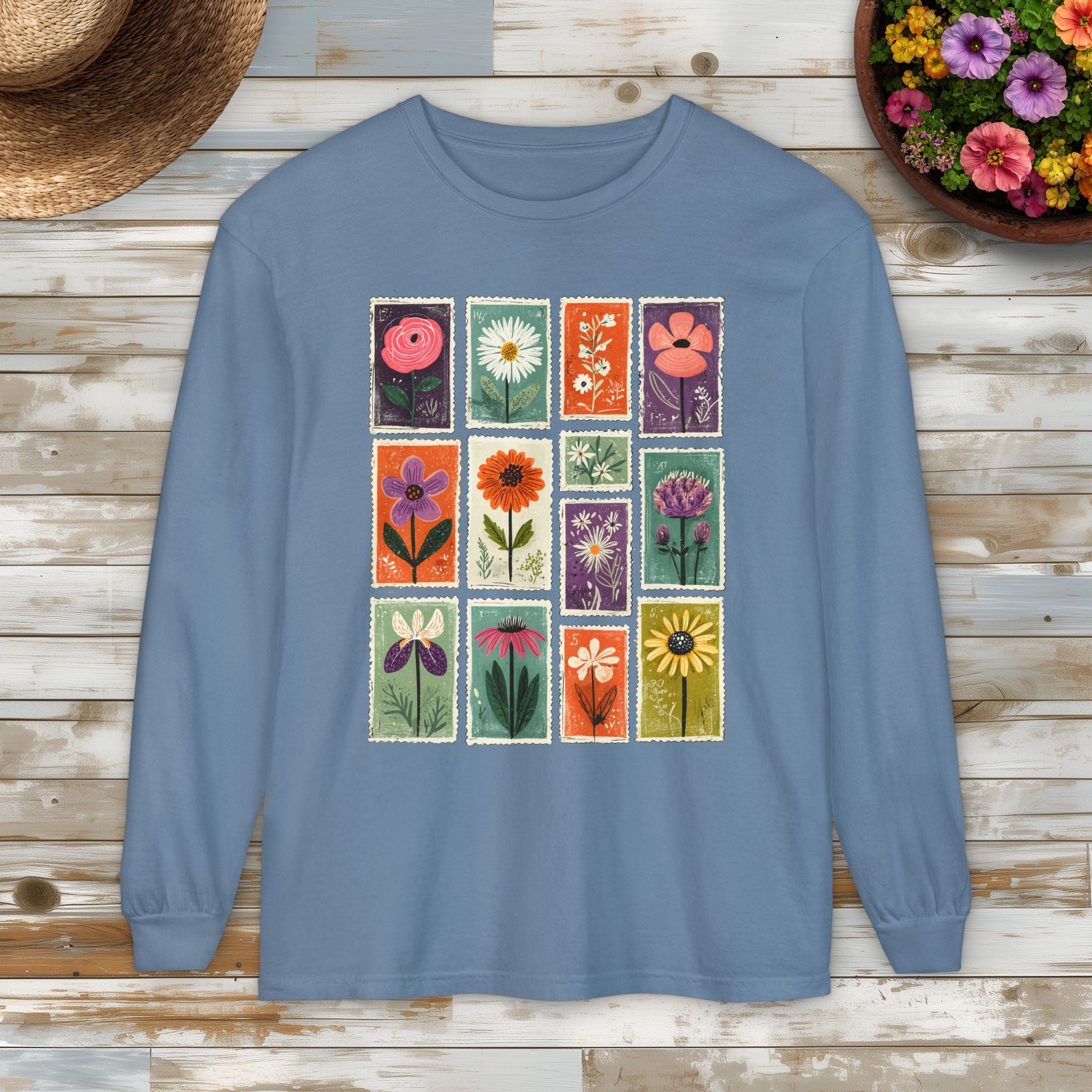 Floral Stamp Collage Long Sleeve Tee