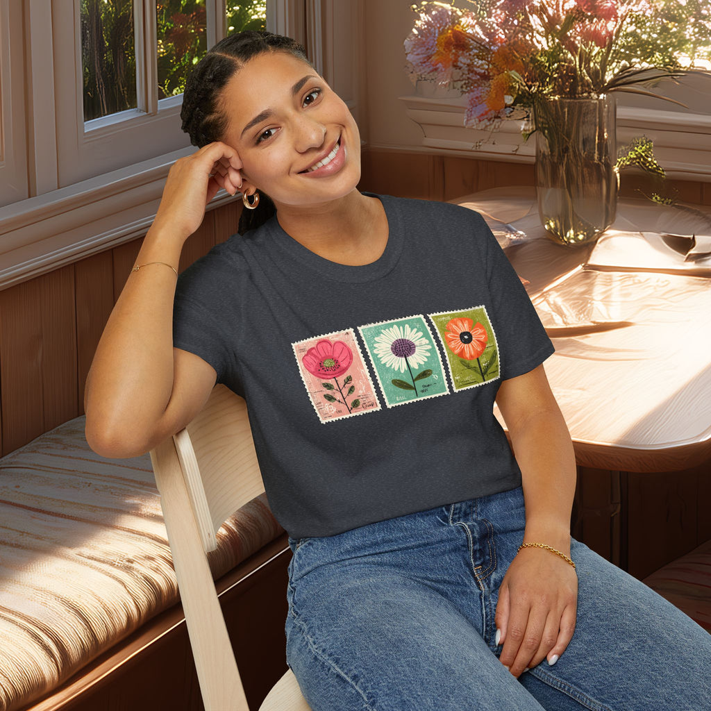 Charming Floral Stamp Trio T-Shirt for Gardeners