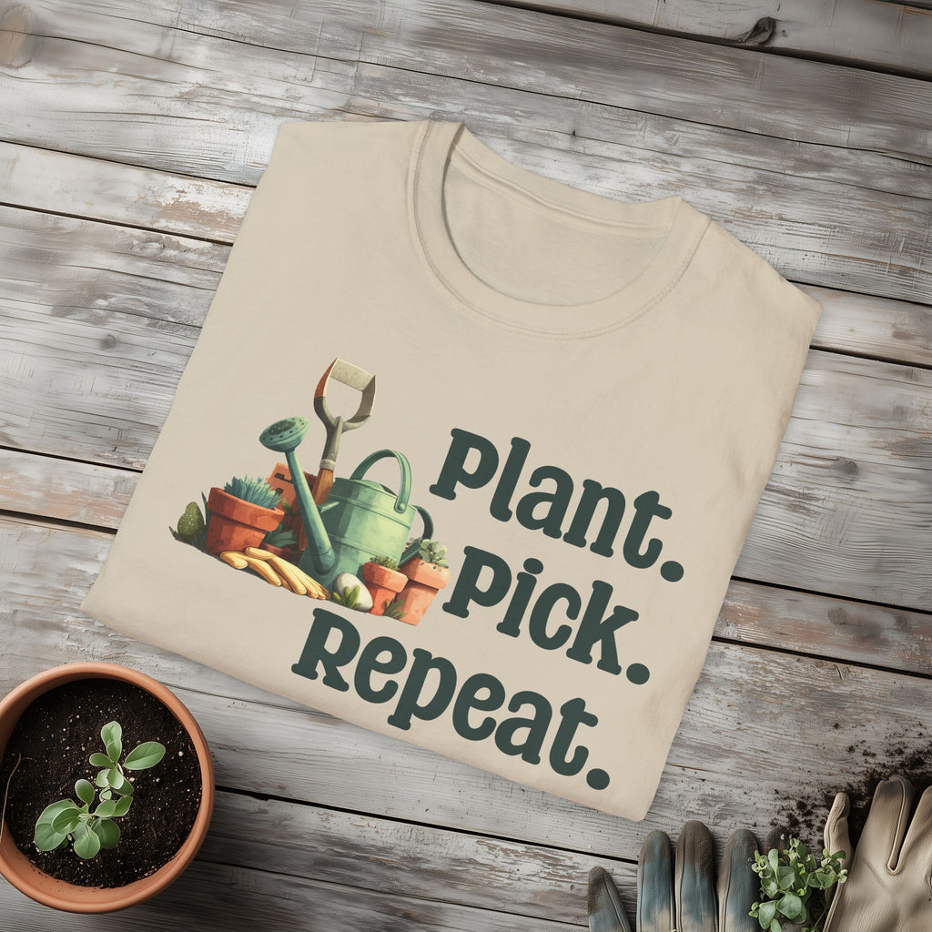 Plant Pick Repeat, Cartoon Gardener T-Shirt