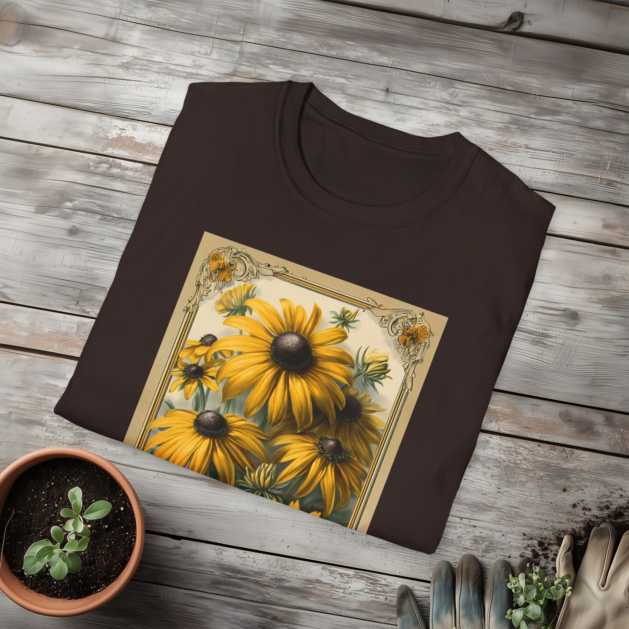 Vintage Black Eyed Susan Seed Packet Unisex T-Shirt for Gardeners, Nature Lovers