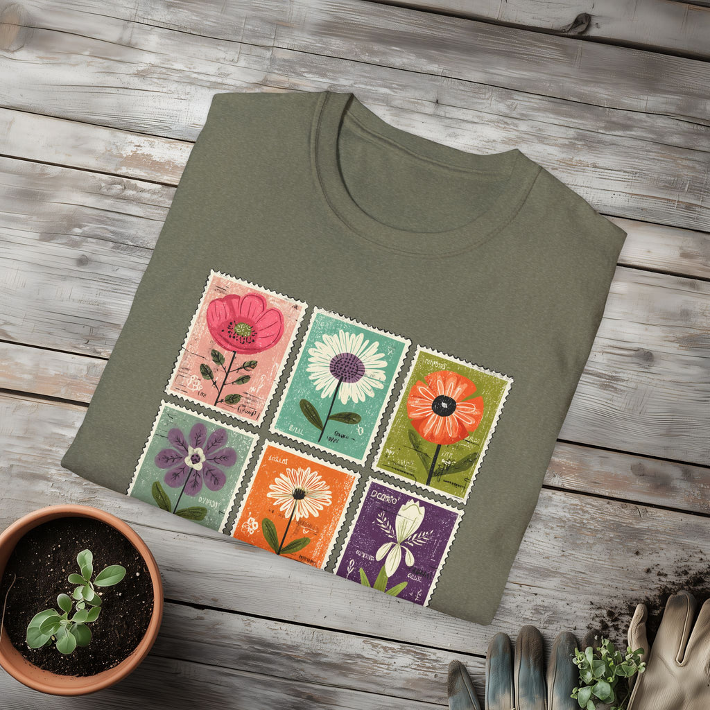 Whimsical Flower Stamp Collage T-Shirt for Gardeners