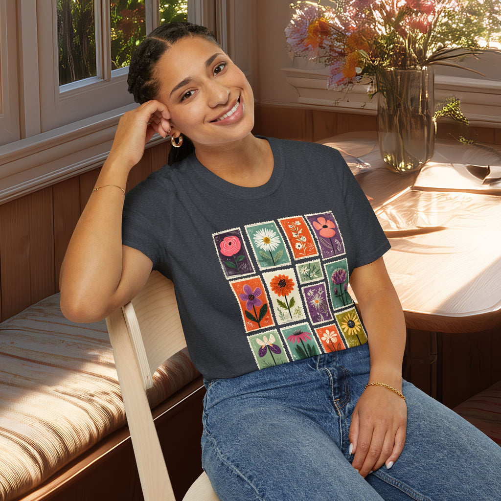 Charming Flower Stamp Collage T-Shirt for Gardeners