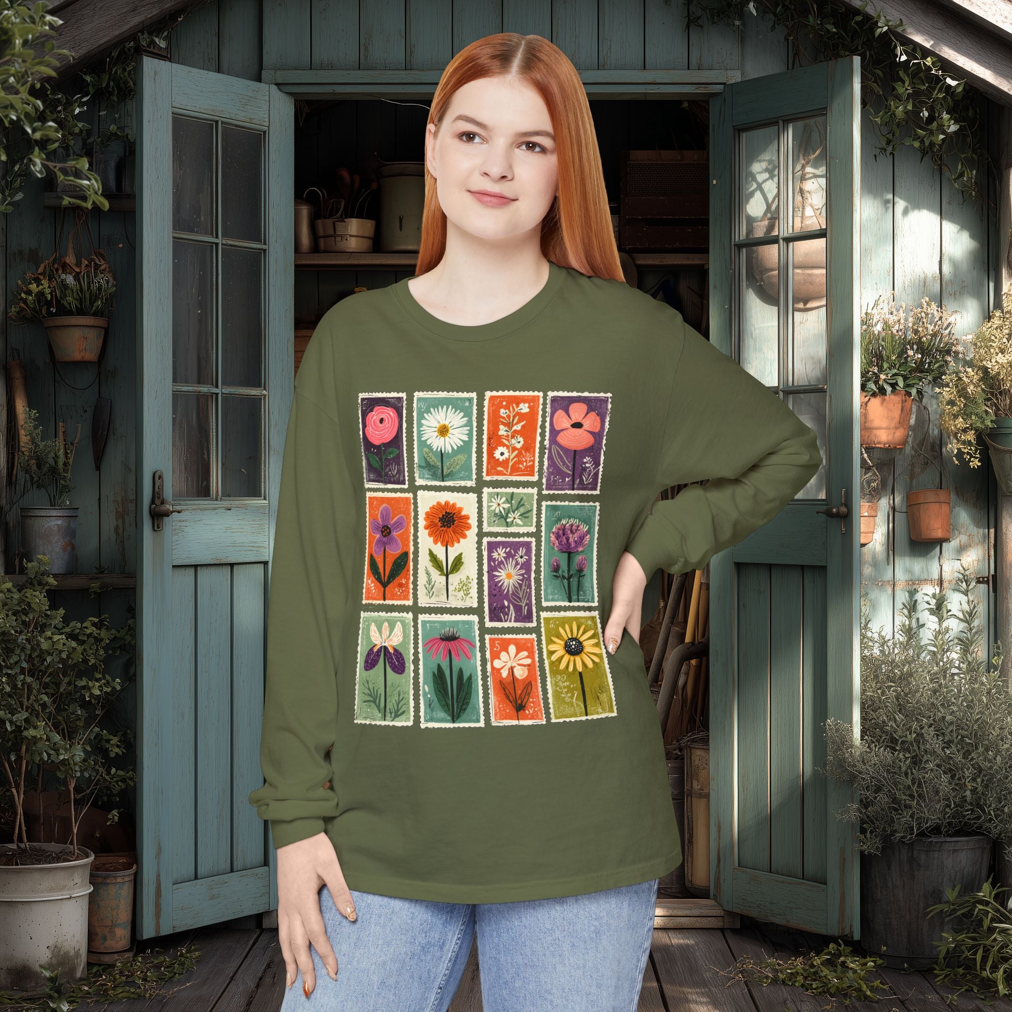 Floral Stamp Collage Long Sleeve Tee