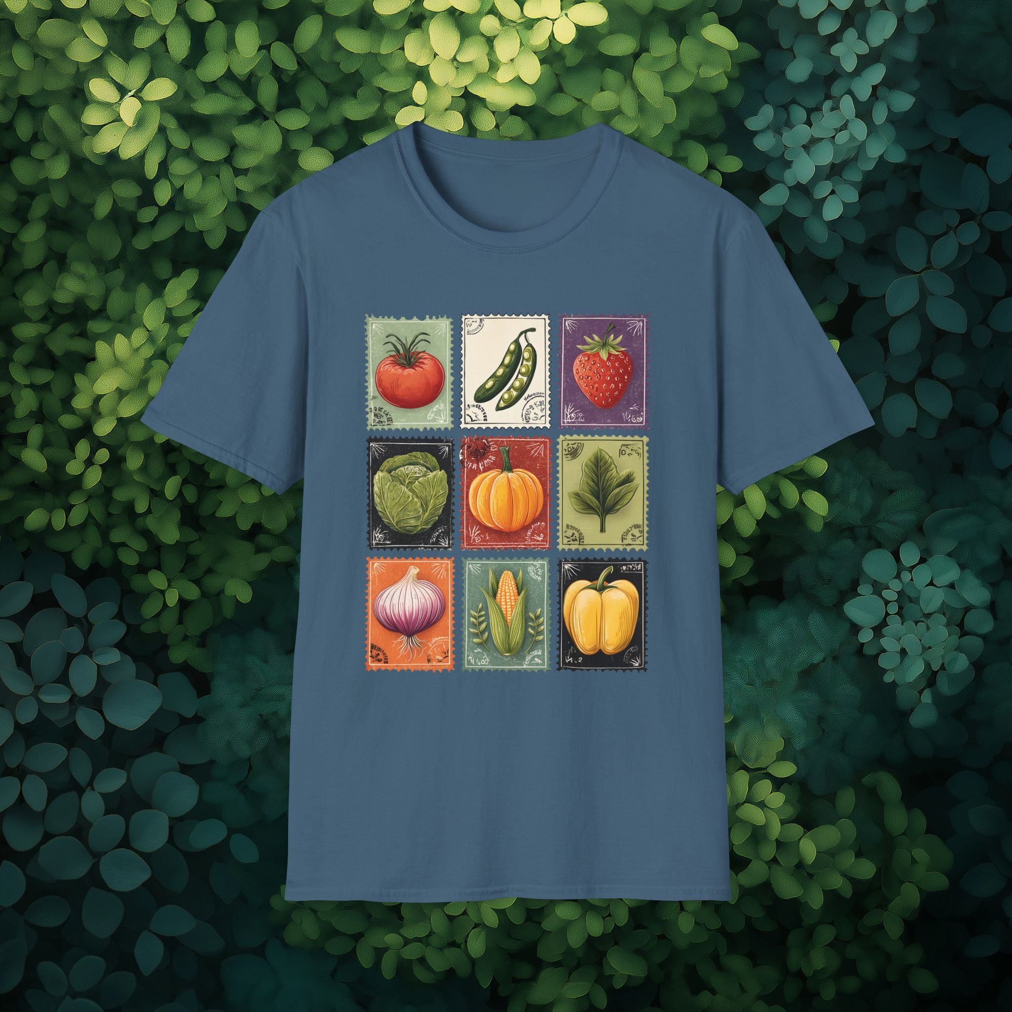Vintage Garden Vegetable Stamp Collage T-Shirt for Gardeners