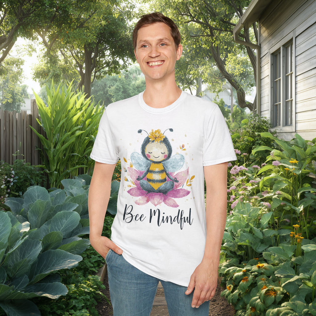 Bee Mindful Meditation Unisex T-Shirt for Gardeners, Nature Lovers, Yoga Enthusiasts