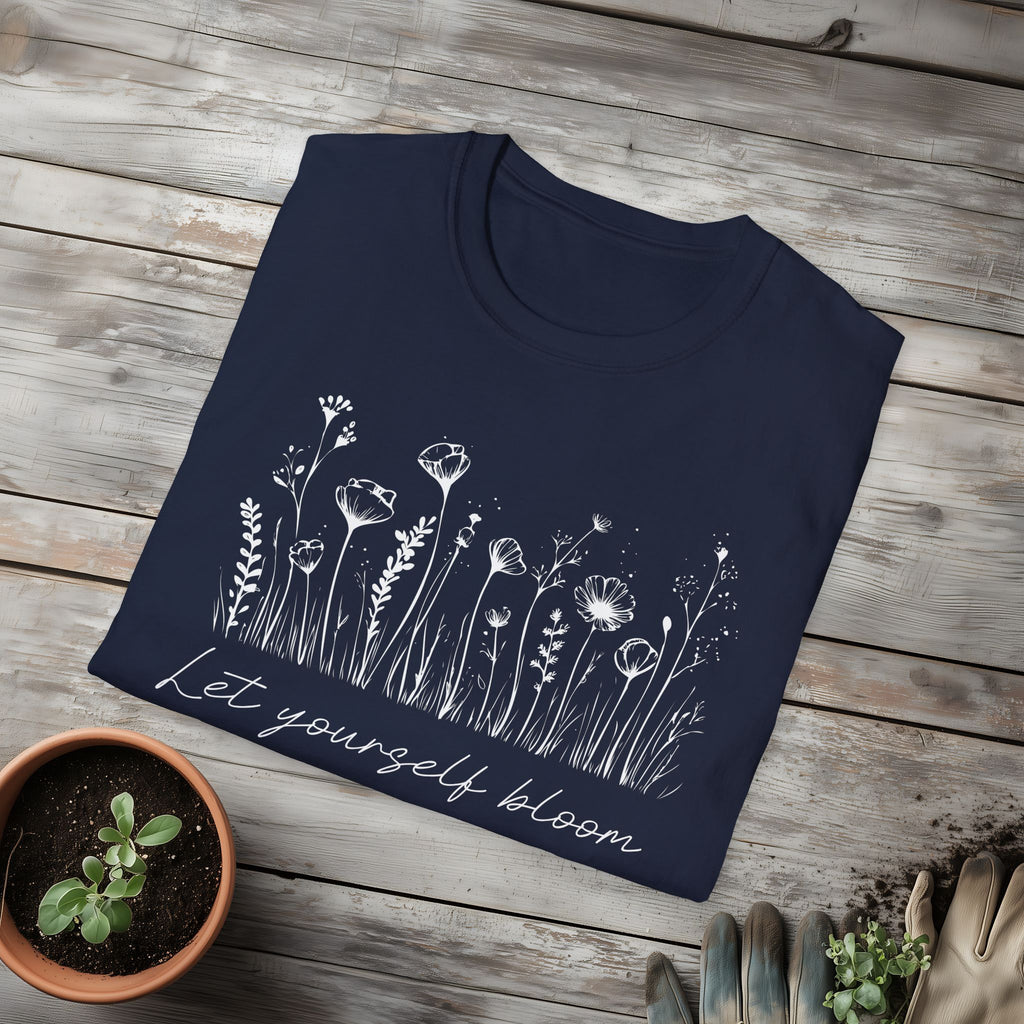Let Yourself Bloom Motivational Wildflower Line Art T-Shirt