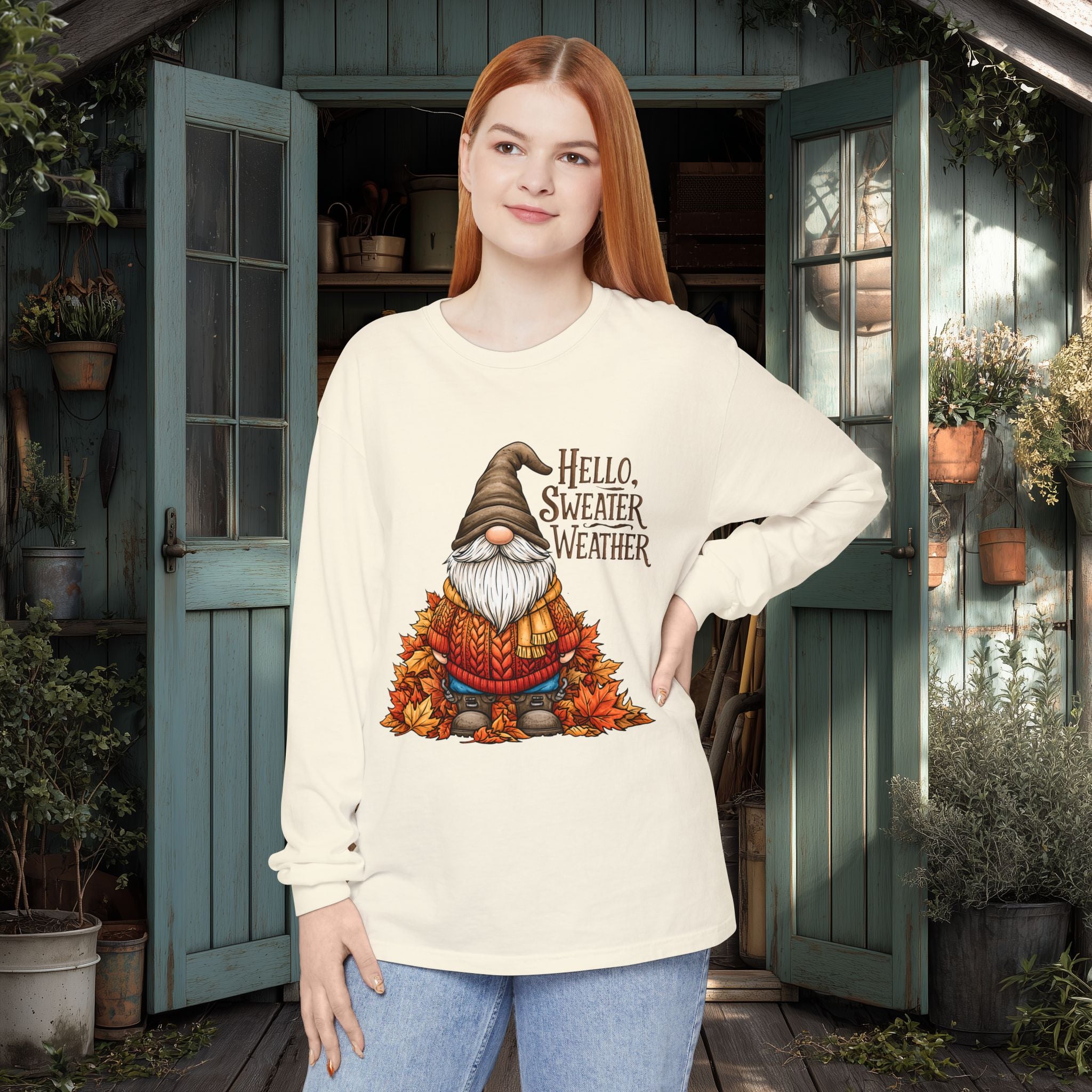 Hello Sweater Weather Garden Gnome Long Sleeve Tee