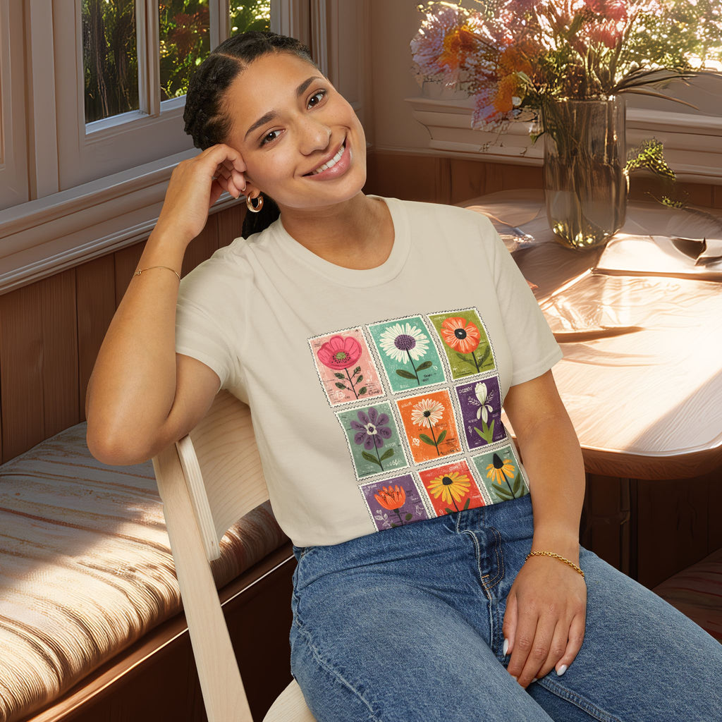 Whimsical Flower Stamp Collage T-Shirt for Gardeners