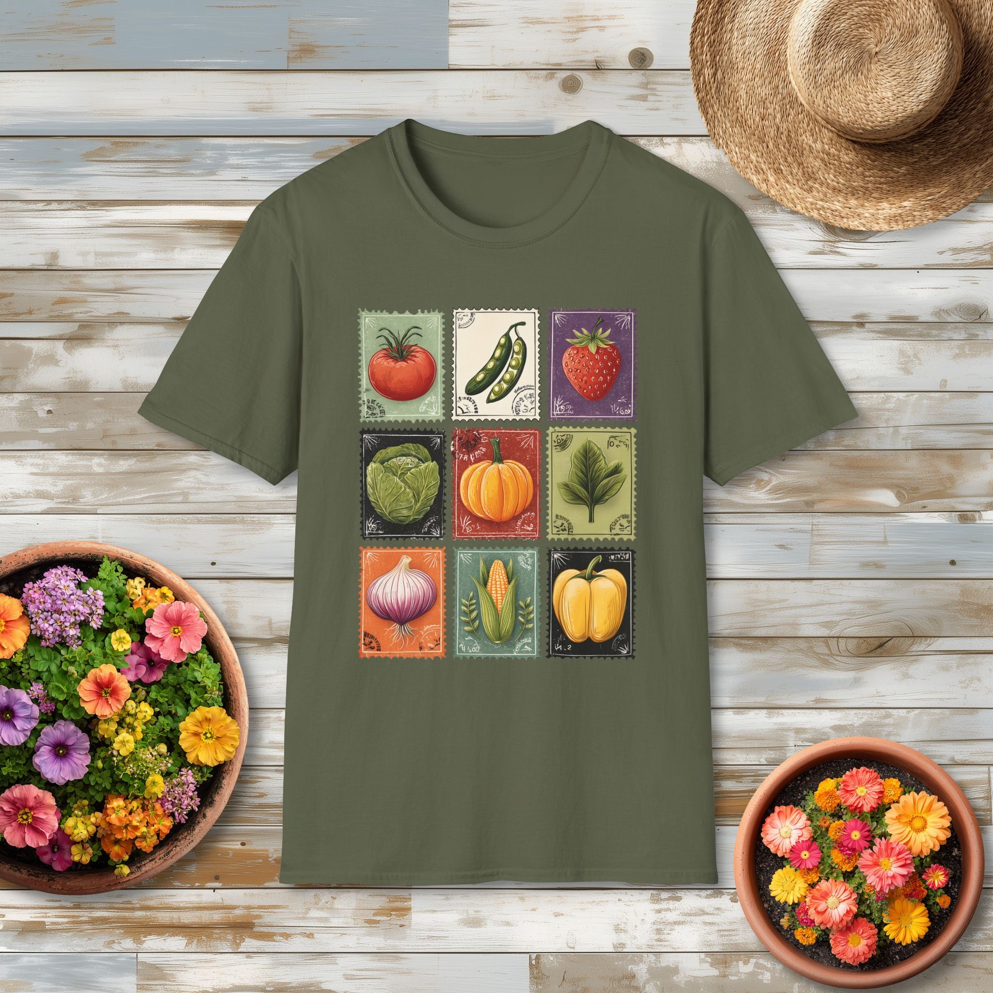 Garden Vegetable Postage Stamp Collage T-Shirt for Gardeners