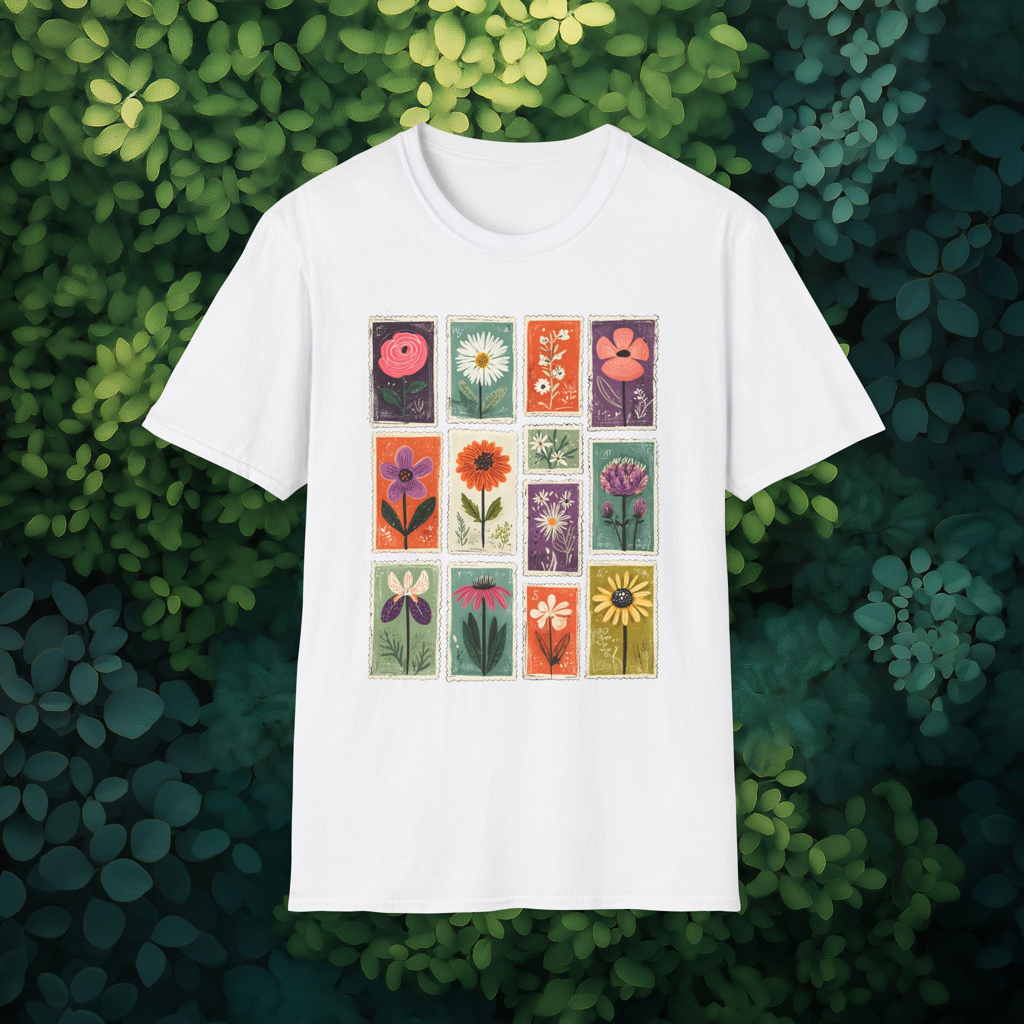 Charming Flower Stamp Collage T-Shirt for Gardeners
