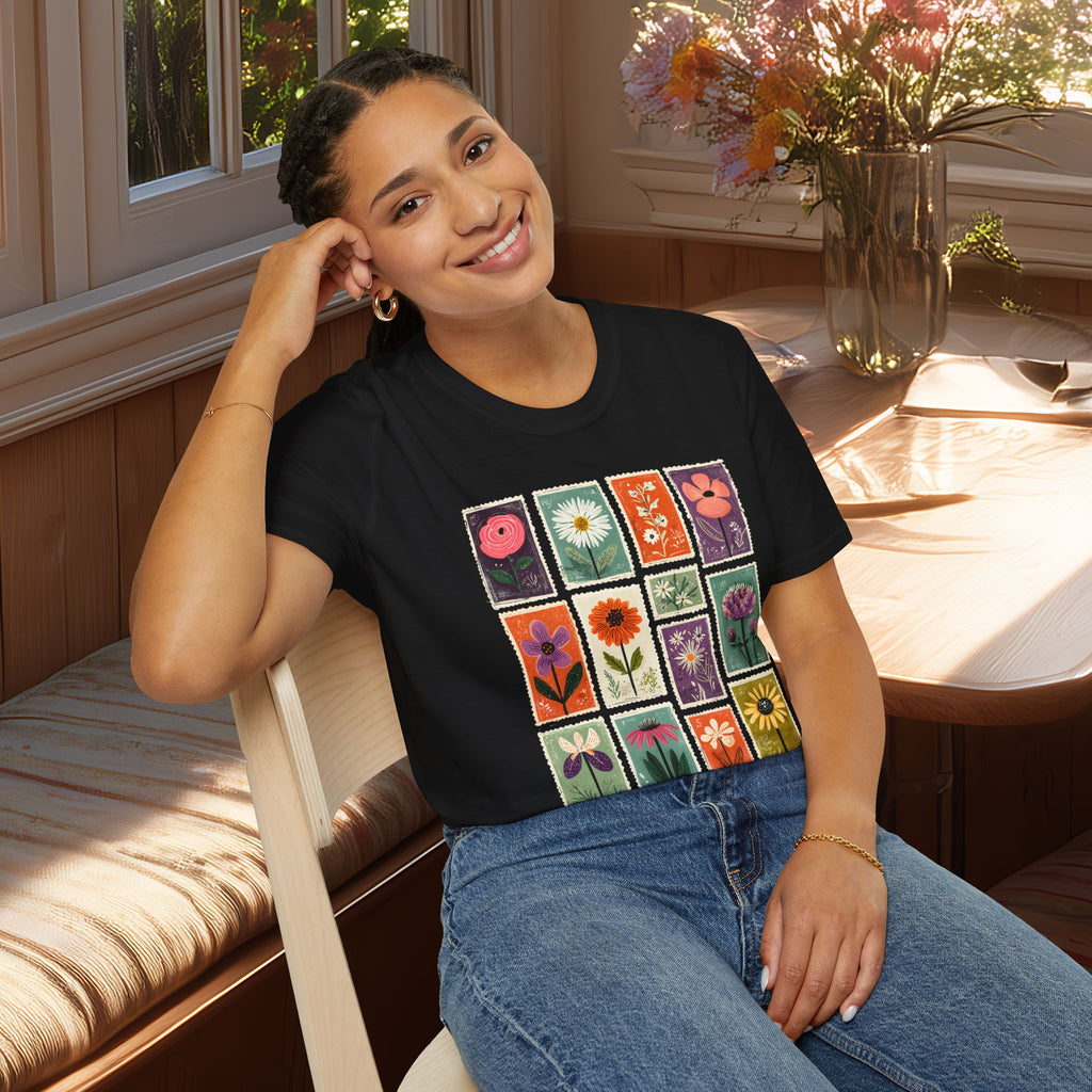 Charming Flower Stamp Collage T-Shirt for Gardeners