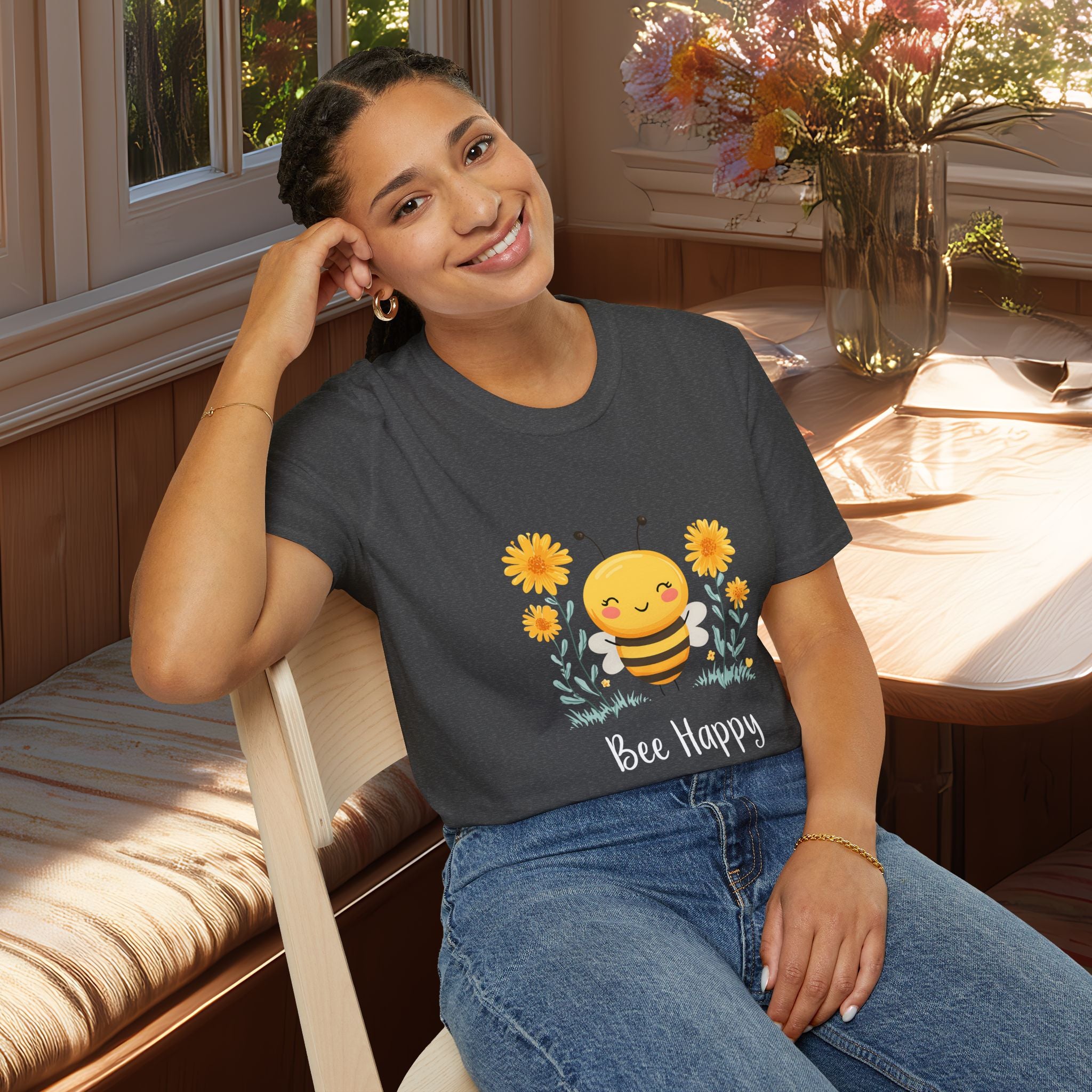 Cartoon Bee Happy Unisex T-Shirt for Gardeners, Nature Lovers, Bee Enthusiasts