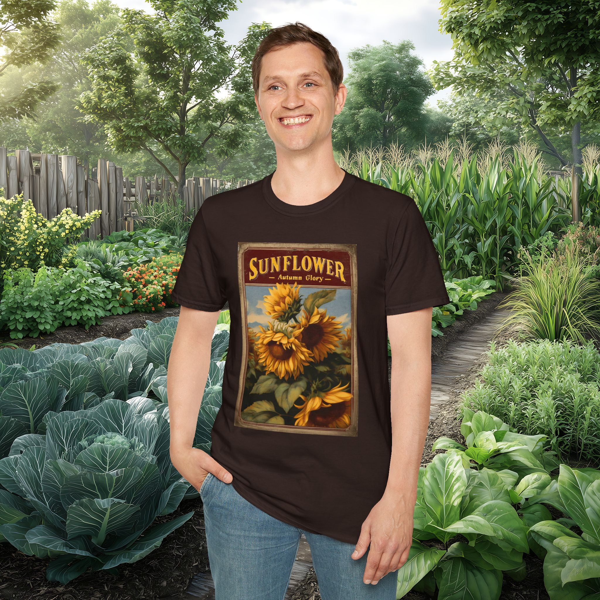 Vintage Sunflower Autumn Glory Seed Packet Unisex Softstyle T-Shirt for Gardeners, Nature Lovers