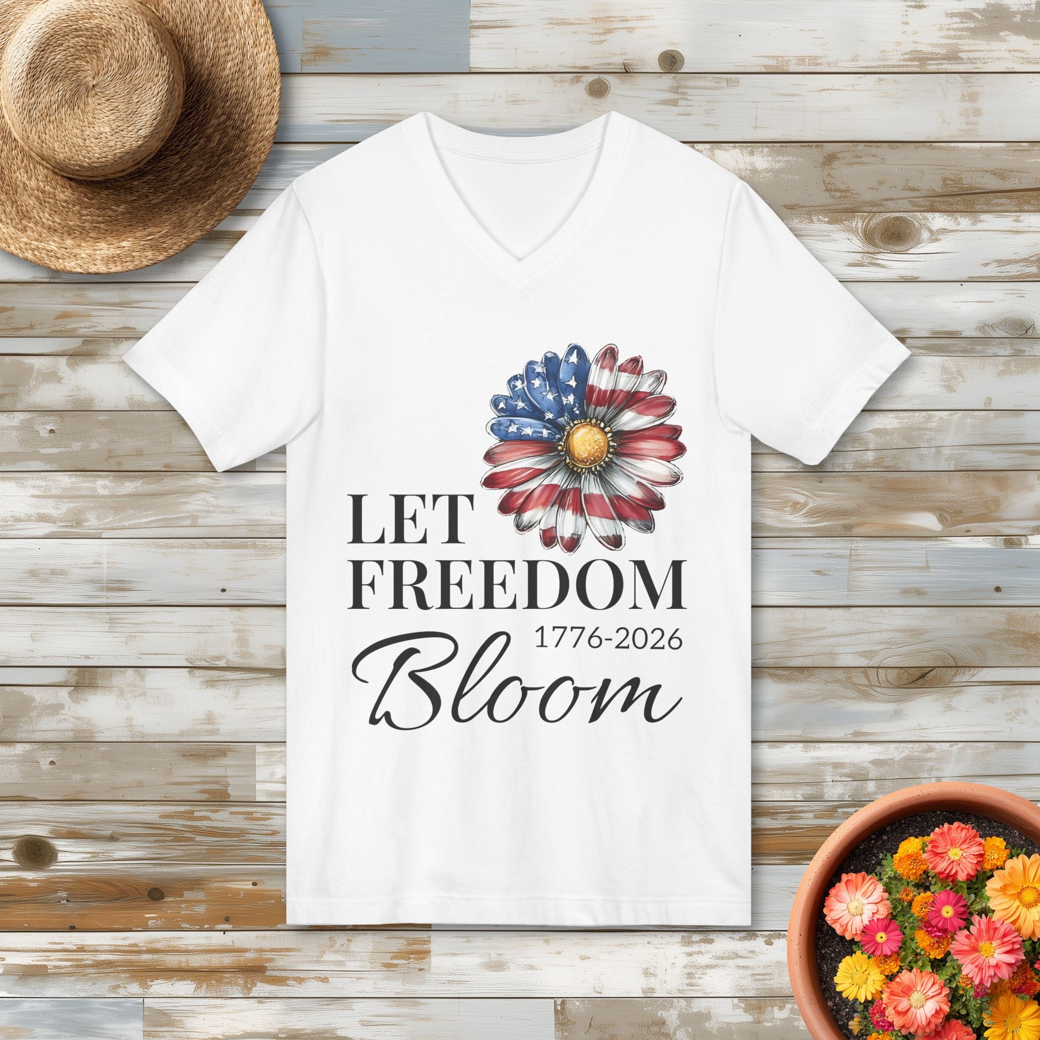 Let Freedom Bloom American Flag Daisy V-Neck T-Shirt