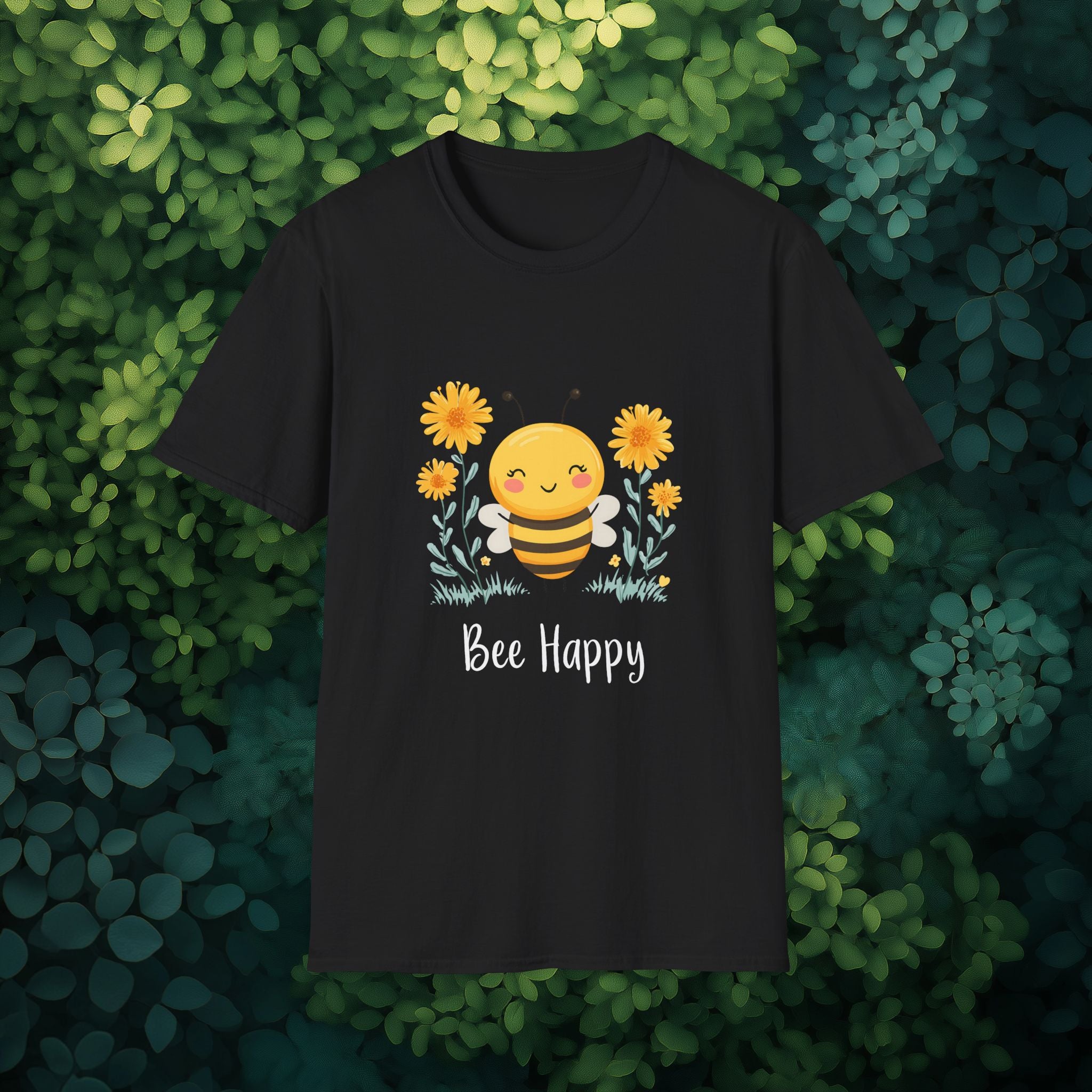 Cartoon Bee Happy Unisex T-Shirt for Gardeners, Nature Lovers, Bee Enthusiasts