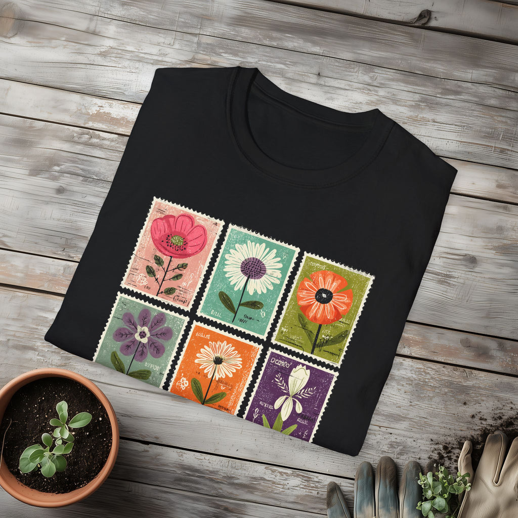Whimsical Flower Stamp Collage T-Shirt for Gardeners