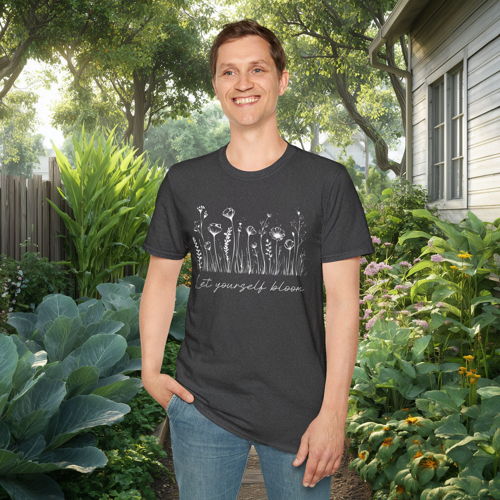 Let Yourself Bloom Motivational Wildflower Line Art T-Shirt