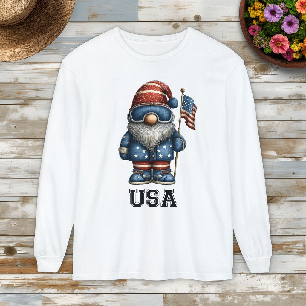 USA Gnome Shirt – Patriotic Winter Sports Long Sleeve Tee