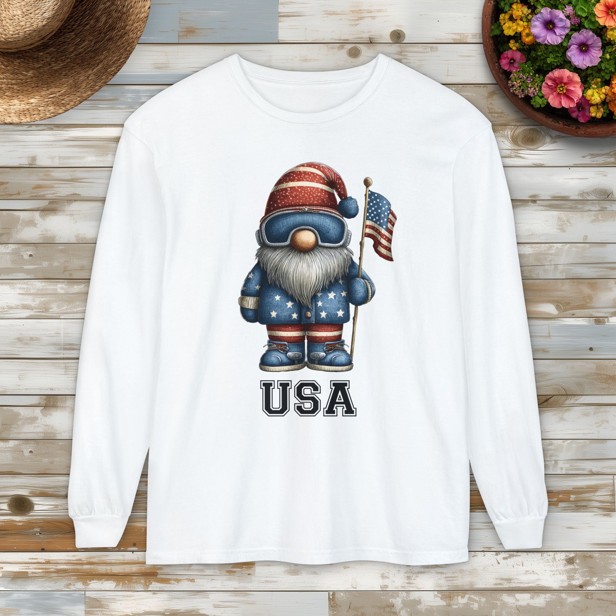USA Winter Sports Garden Gnome Long Sleeve Tee