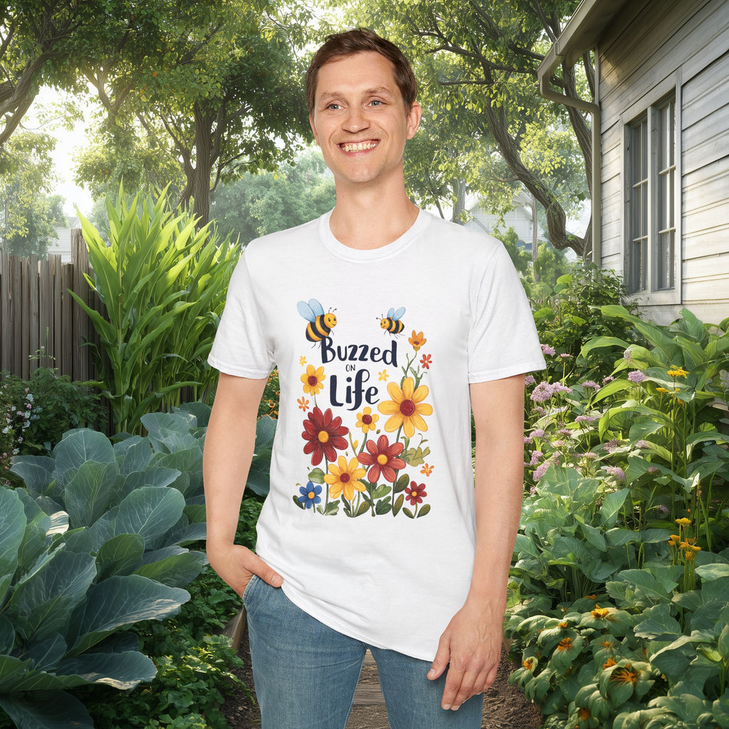 Cartoon Buzzed on Life Unisex T-Shirt for Gardeners, Nature Lovers