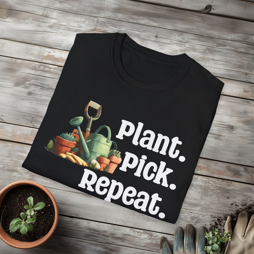 Plant Pick Repeat, Cartoon Gardener T-Shirt
