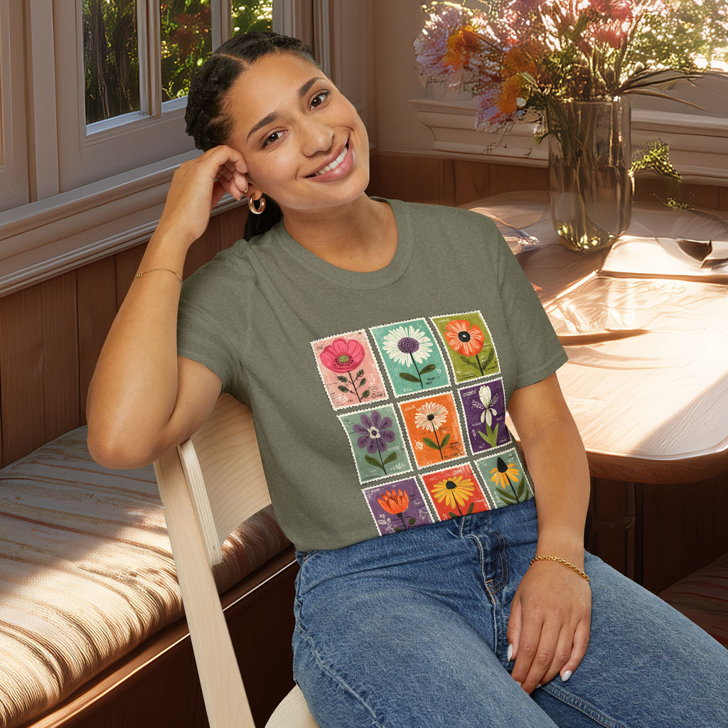 Whimsical Flower Stamp Collage T-Shirt for Gardeners