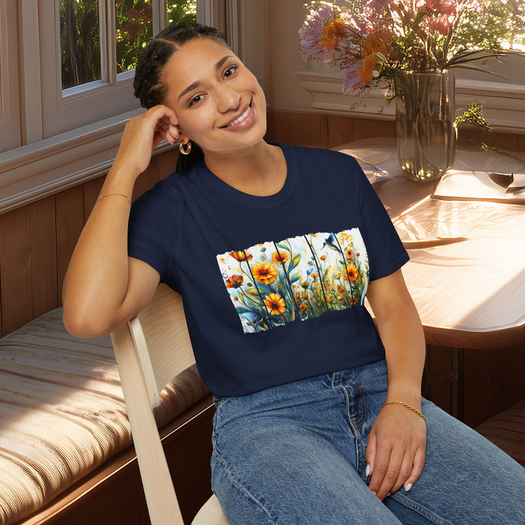 Hummingbird in Wildflowers Unisex T-Shirt for Gardeners, Nature Lovers, Bee Enthusiasts