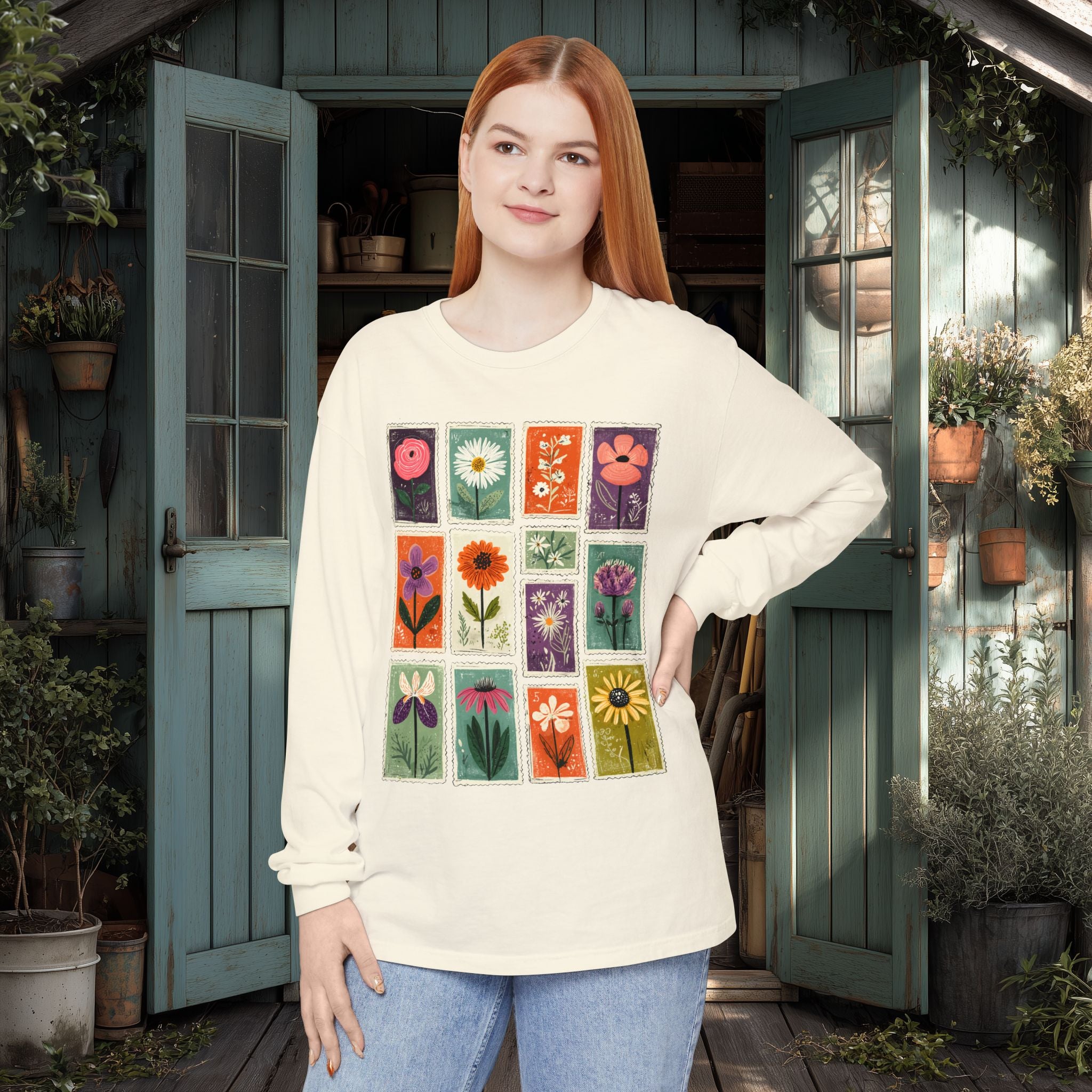Floral Stamp Collage Long Sleeve Tee