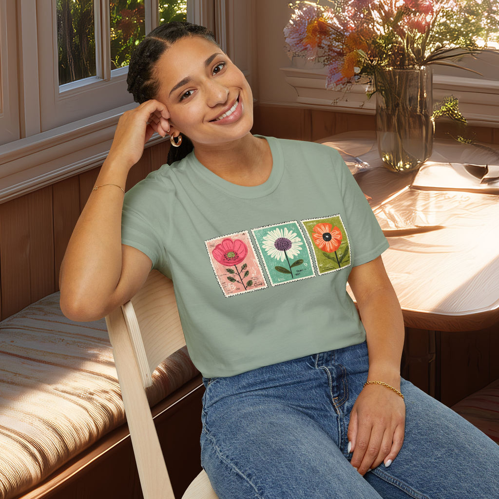 Charming Floral Stamp Trio T-Shirt for Gardeners