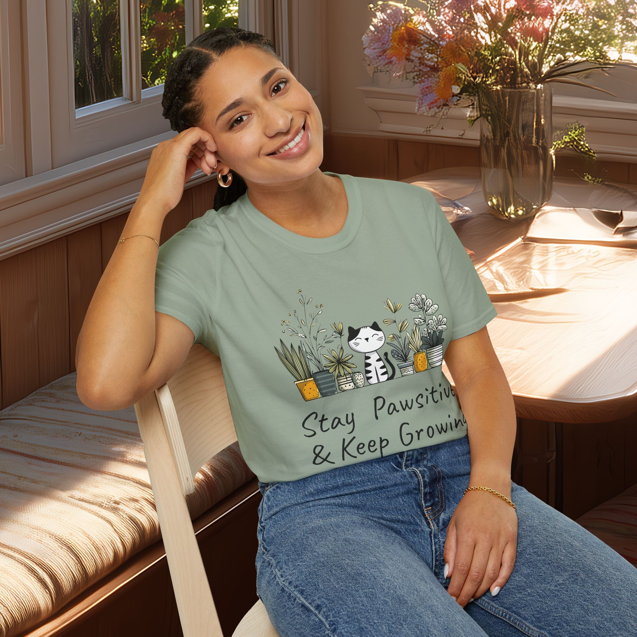 Stay Pawsitive & Keep Growing Cat and Plants T-Shirt