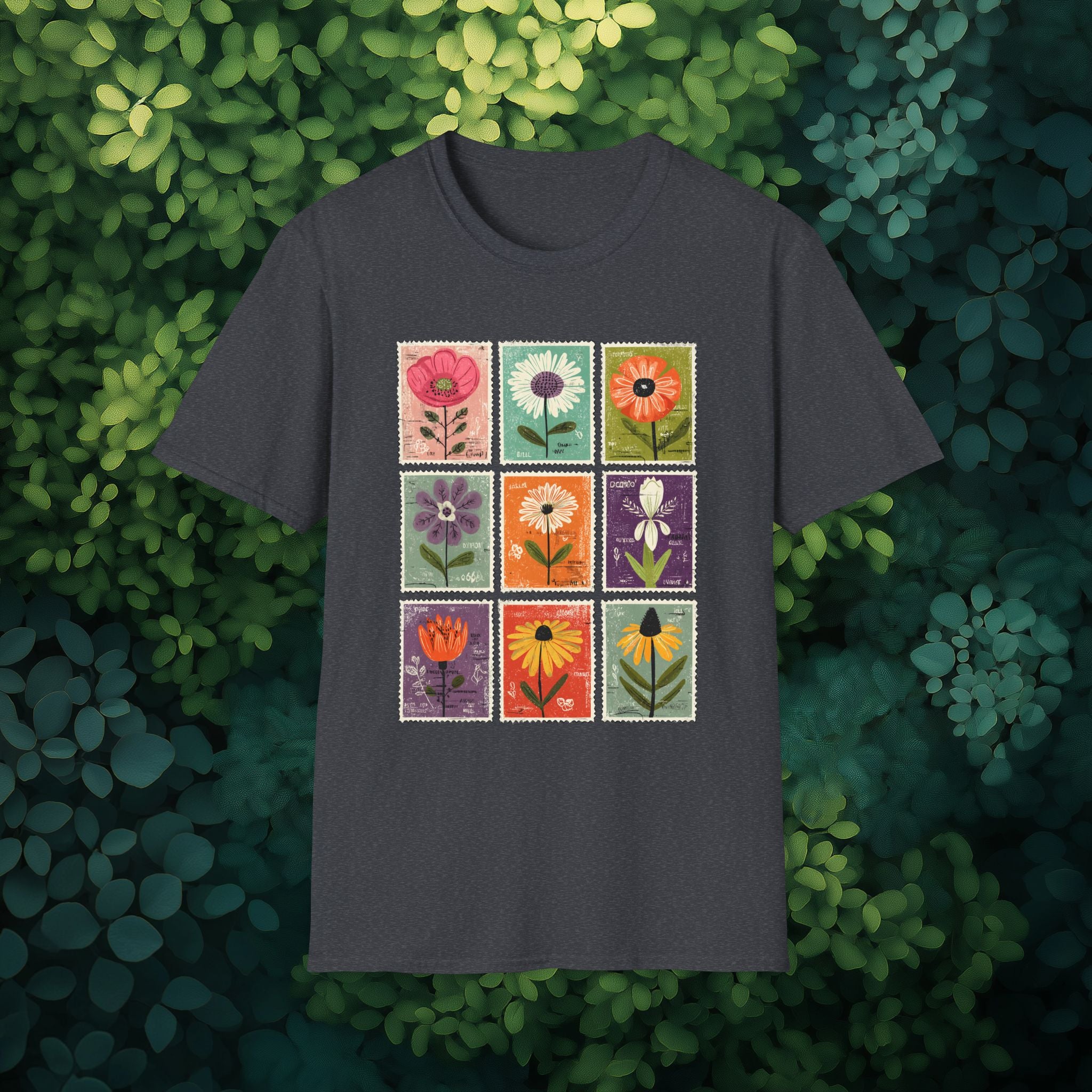 Whimsical Flower Stamp Collage T-Shirt for Gardeners