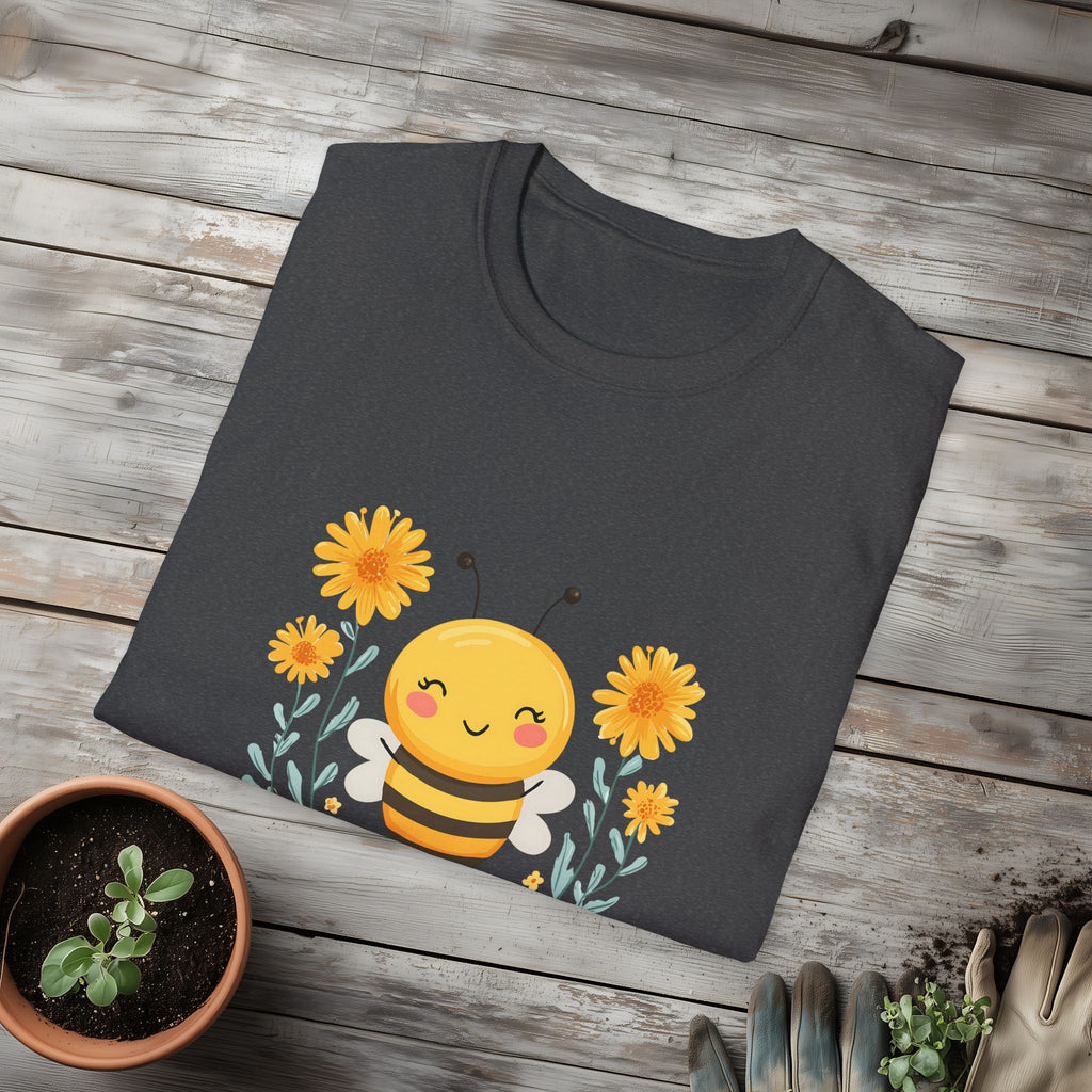 Cartoon Bee Happy Unisex T-Shirt for Gardeners, Nature Lovers, Bee Enthusiasts