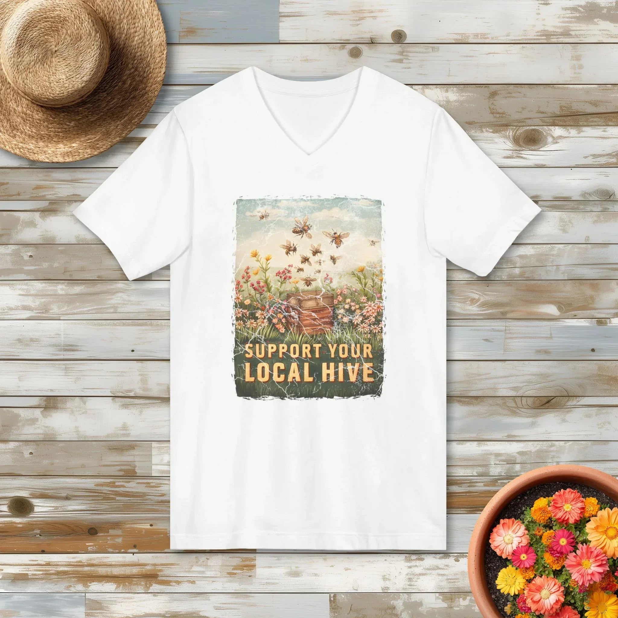 Vintage Support Your Local Hive Bee Lover V-Neck Tee