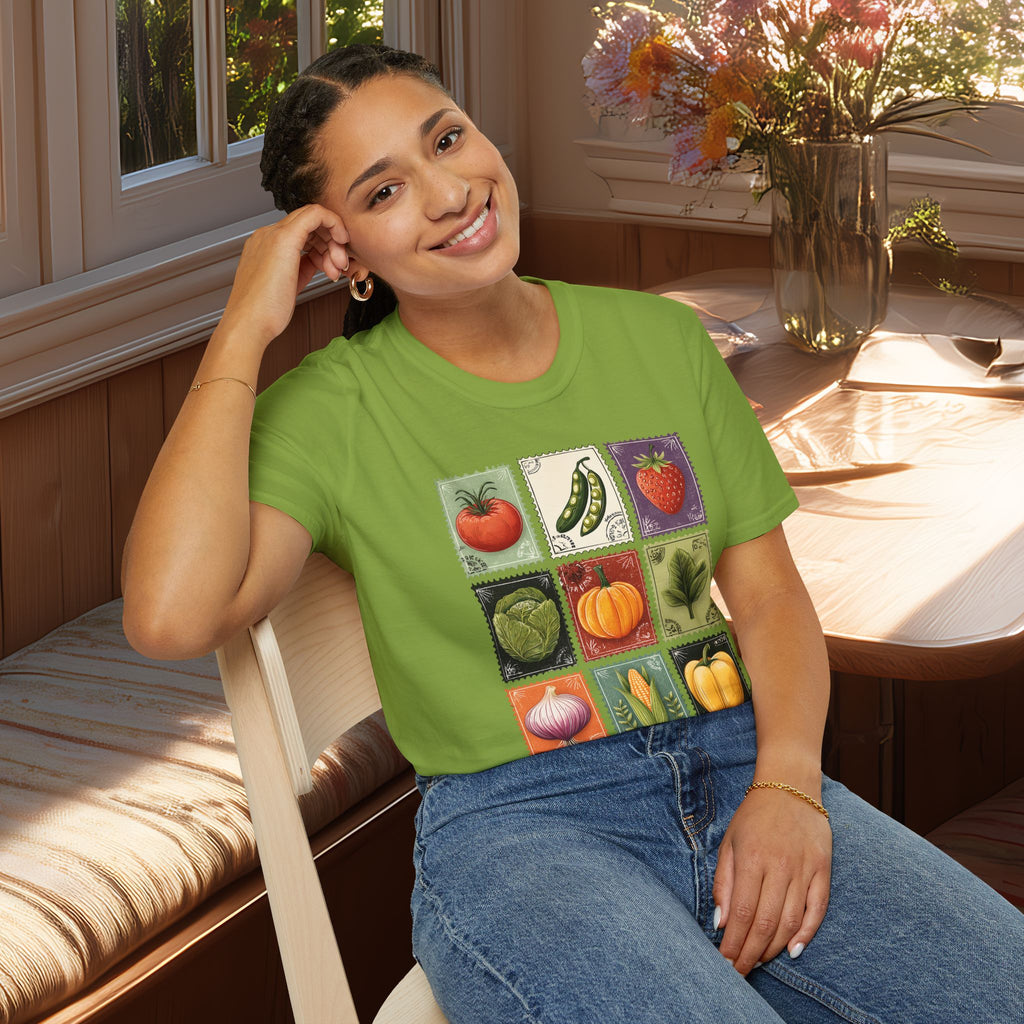 Garden Vegetable Postage Stamp Collage T-Shirt for Gardeners