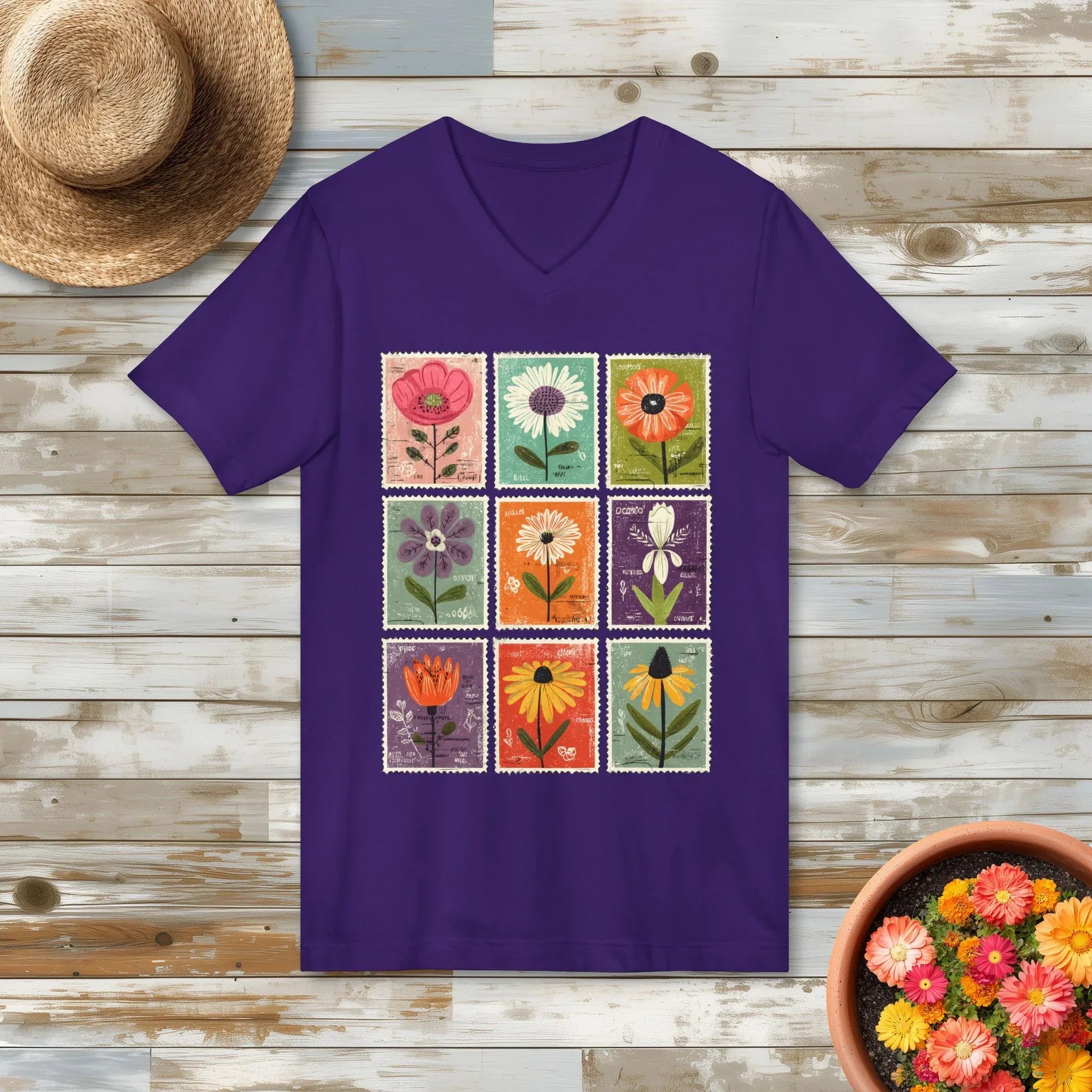 Minimalist Floral Stamp Collage V-Neck T-Shirt
